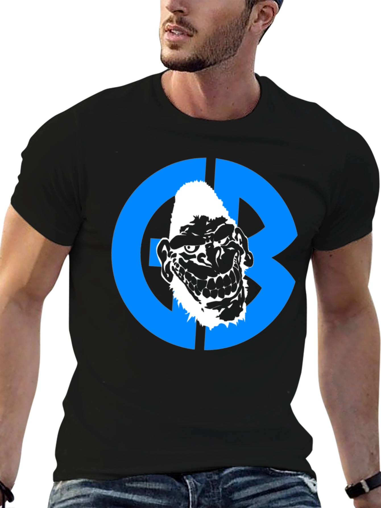 Black Graphic Tee: Grotesque Face in Blue Circle view 6