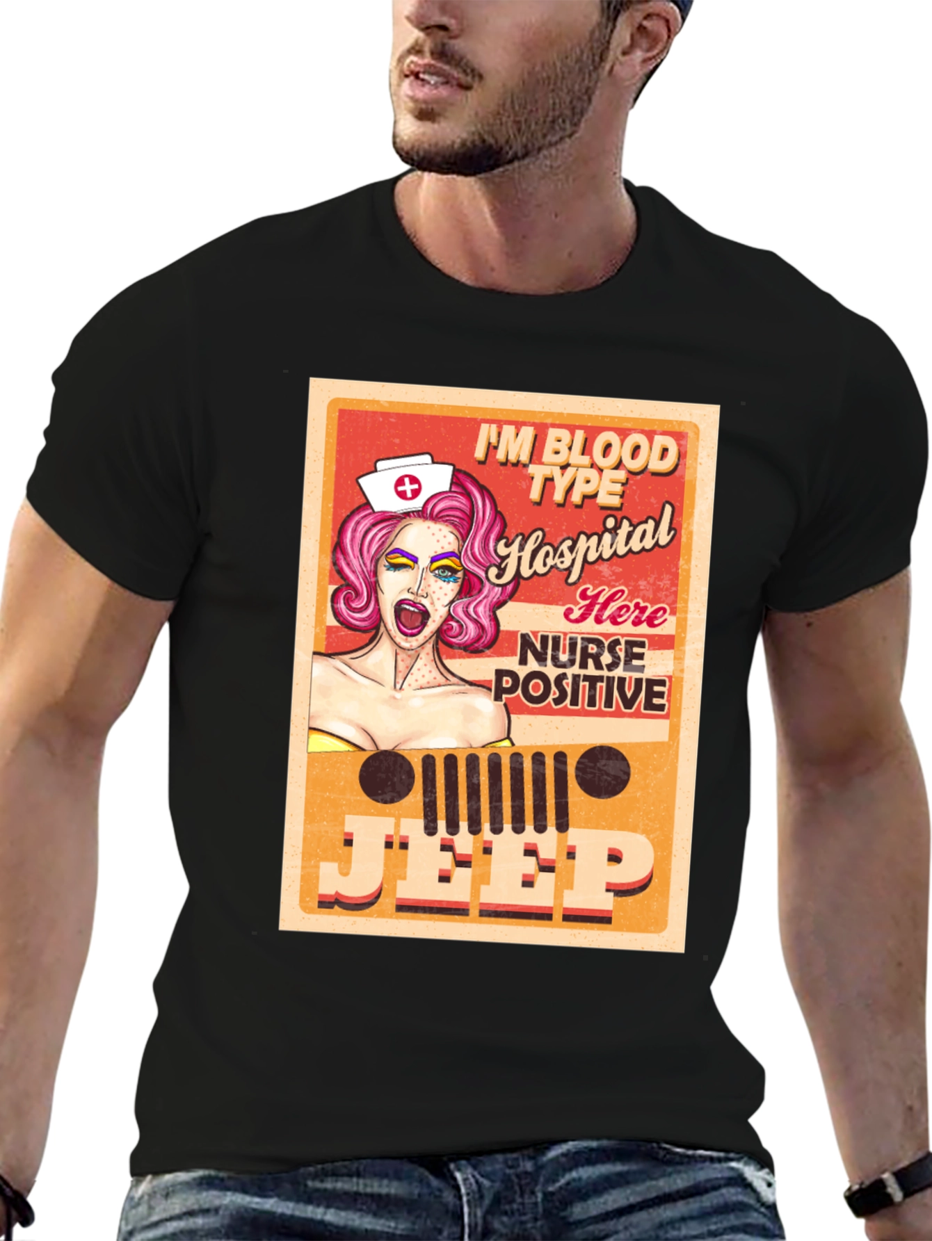 Black Nurse Jeep Graphic Tee - Blood Type Positive T-Shirt view 6