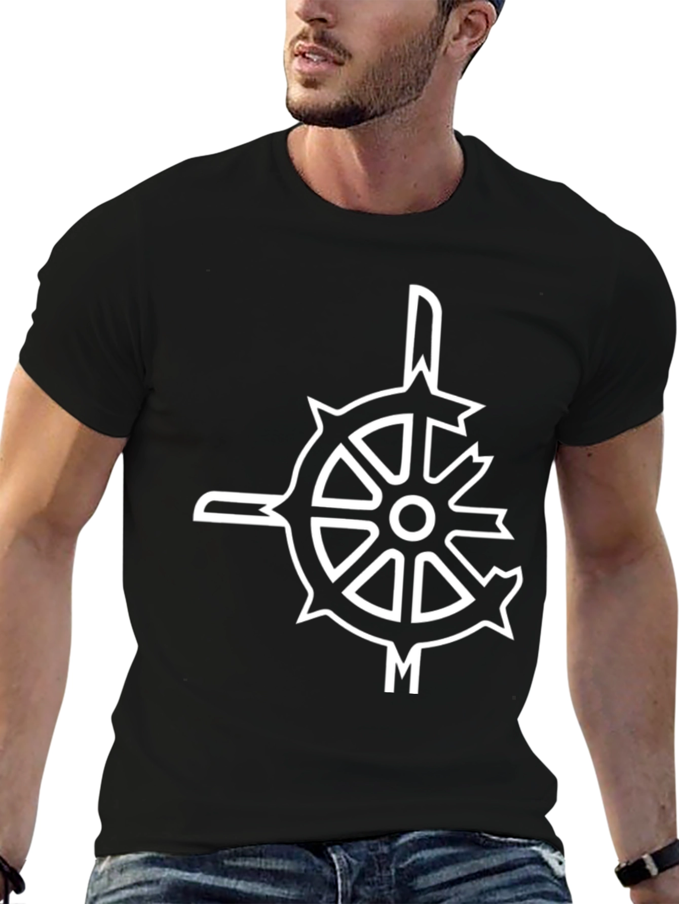 Black Men's Black T-Shirt with Abstract Wheel Design view 6
