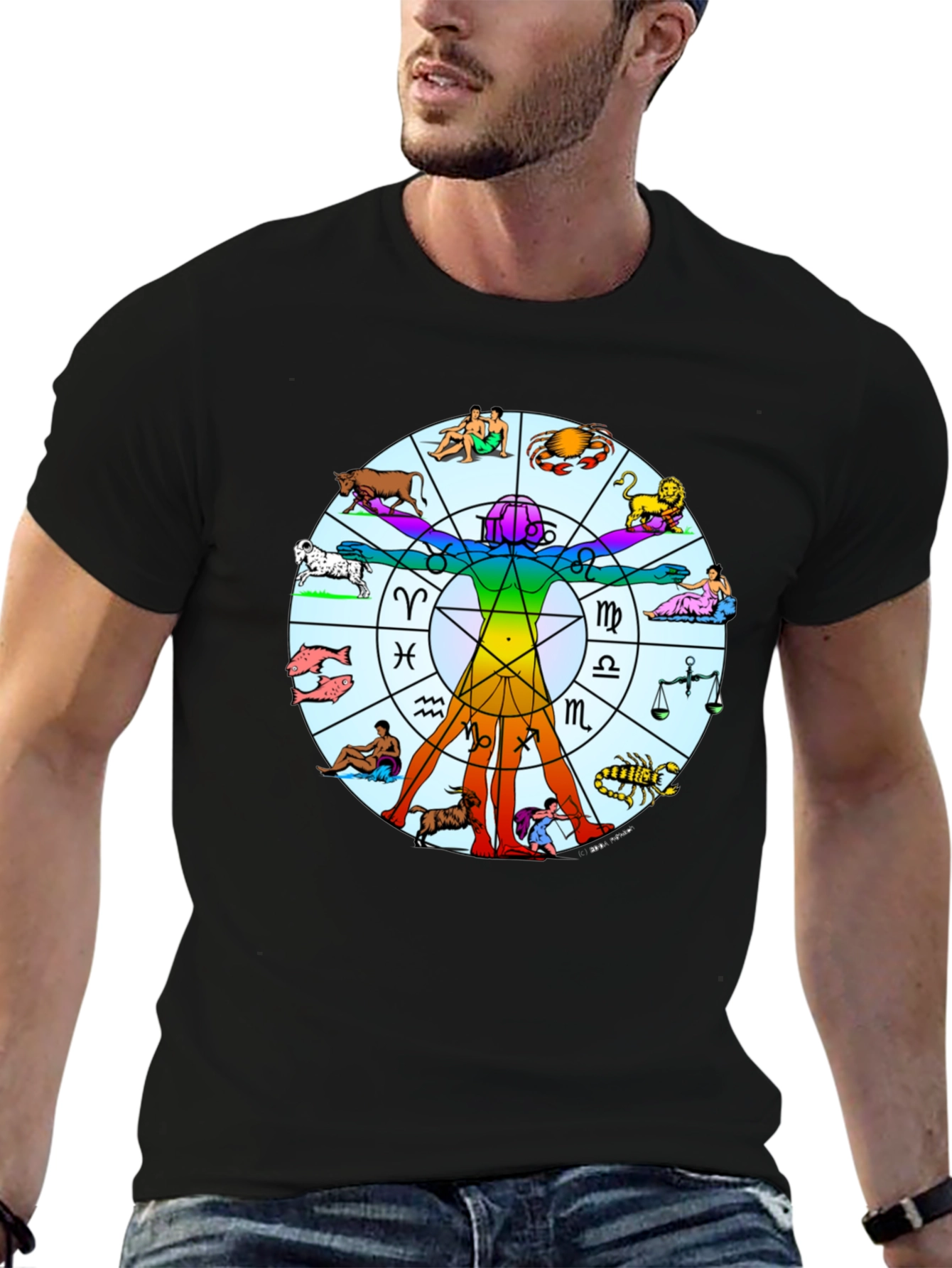 Black Zodiac Vitruvian Man Graphic T-Shirt - Black view 6