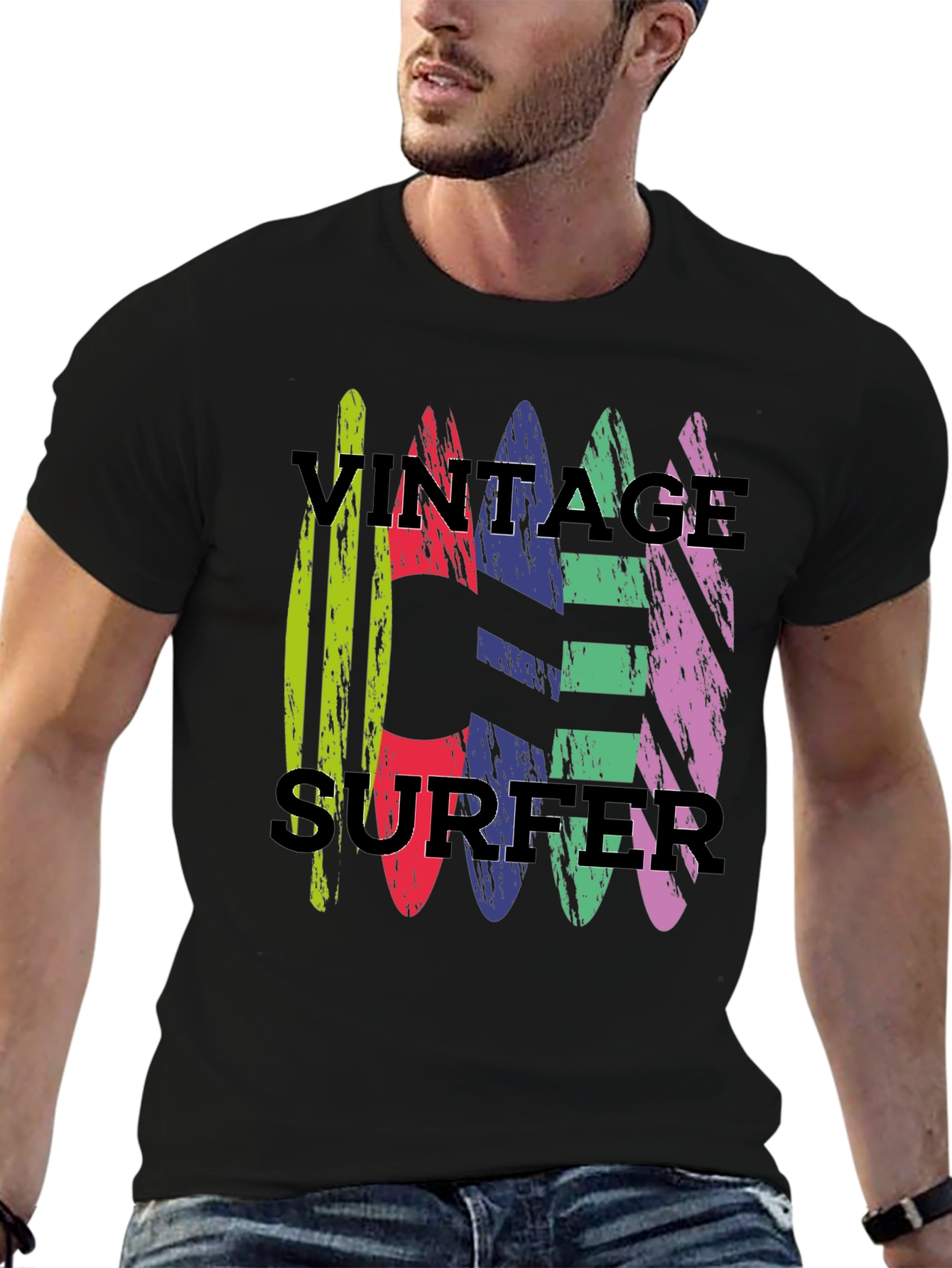 Black Vintage Surfer T-Shirt - Retro Surfboard Design view 6