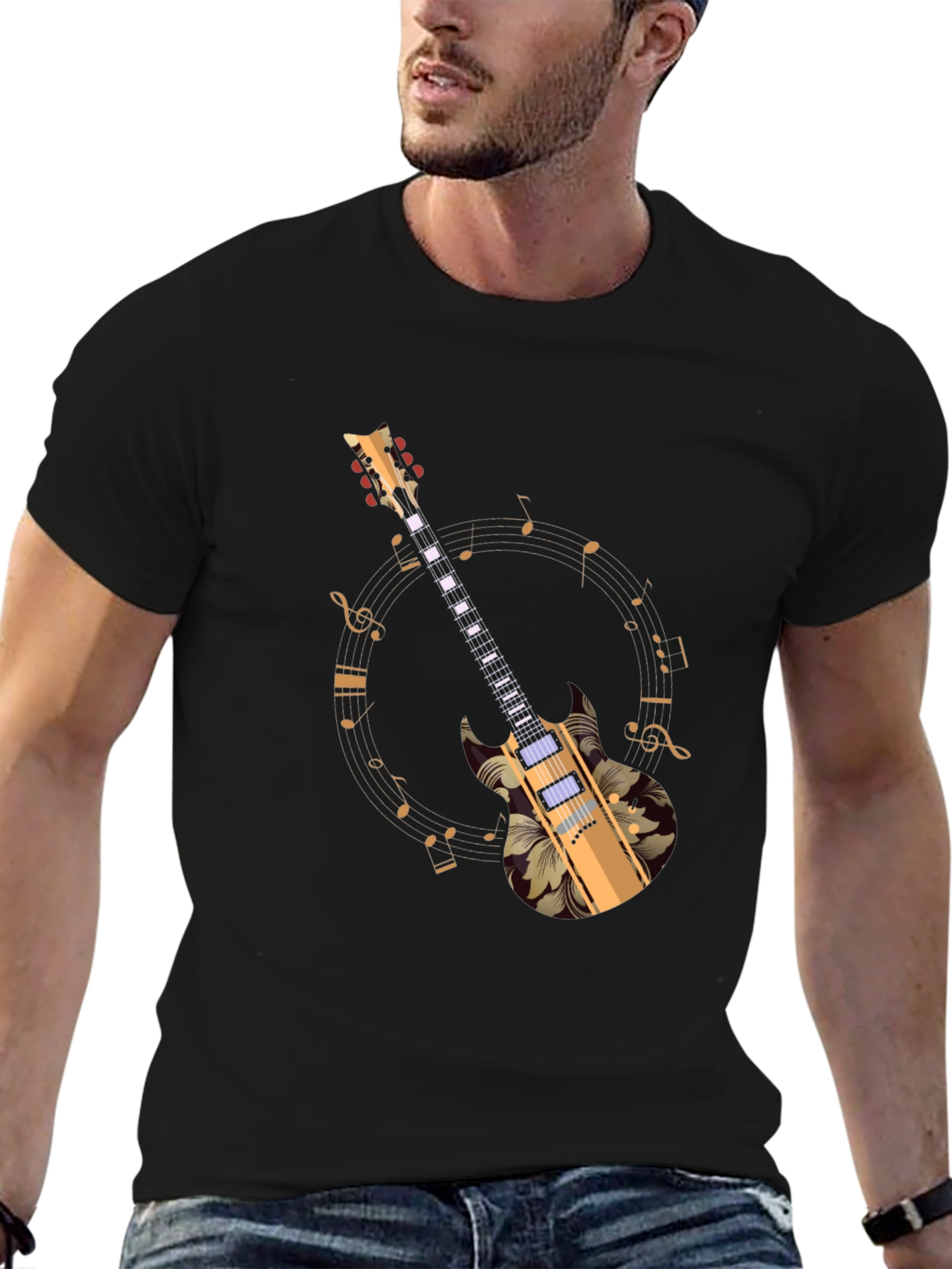 Black Floral Guitar Graphic Black Tee view 6