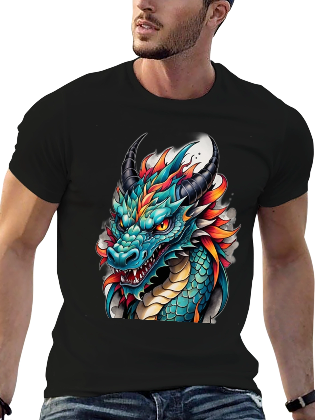 Black Dragon T-Shirt - Teal & Orange Graphic Tee view 6