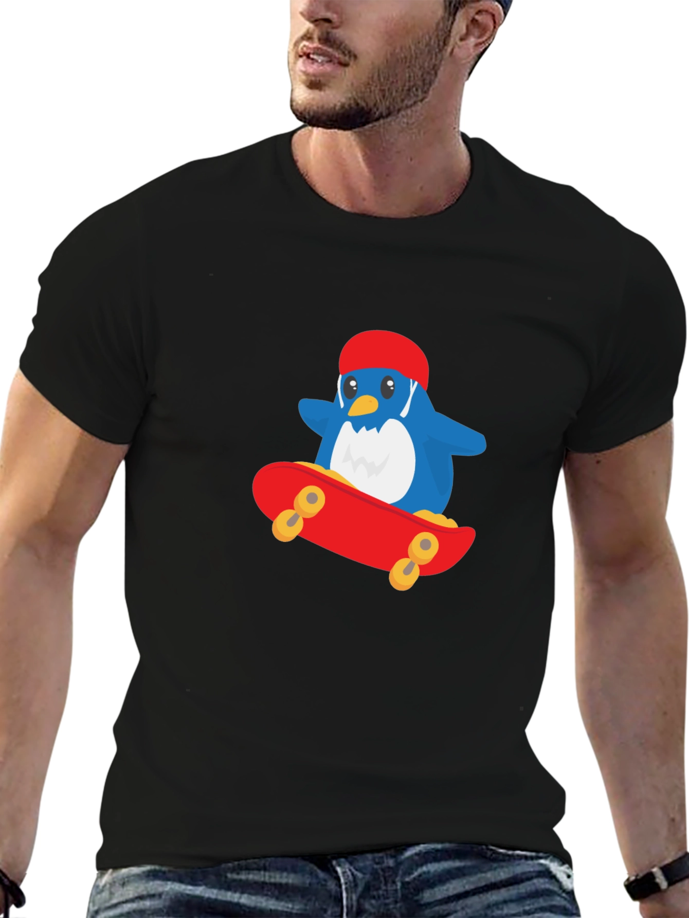 Black Cool Penguin Skateboard T-Shirt - Black view 6