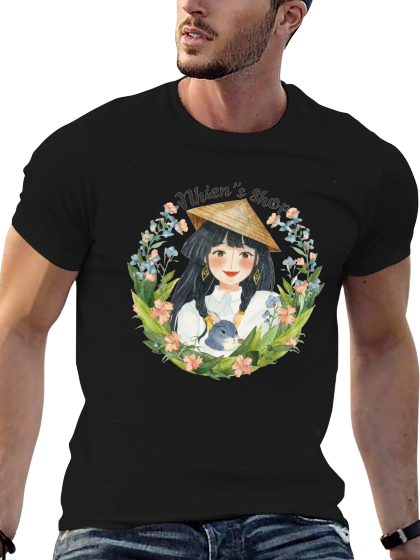 Black Whimsical Girl with Rabbit Black T-Shirt view 6