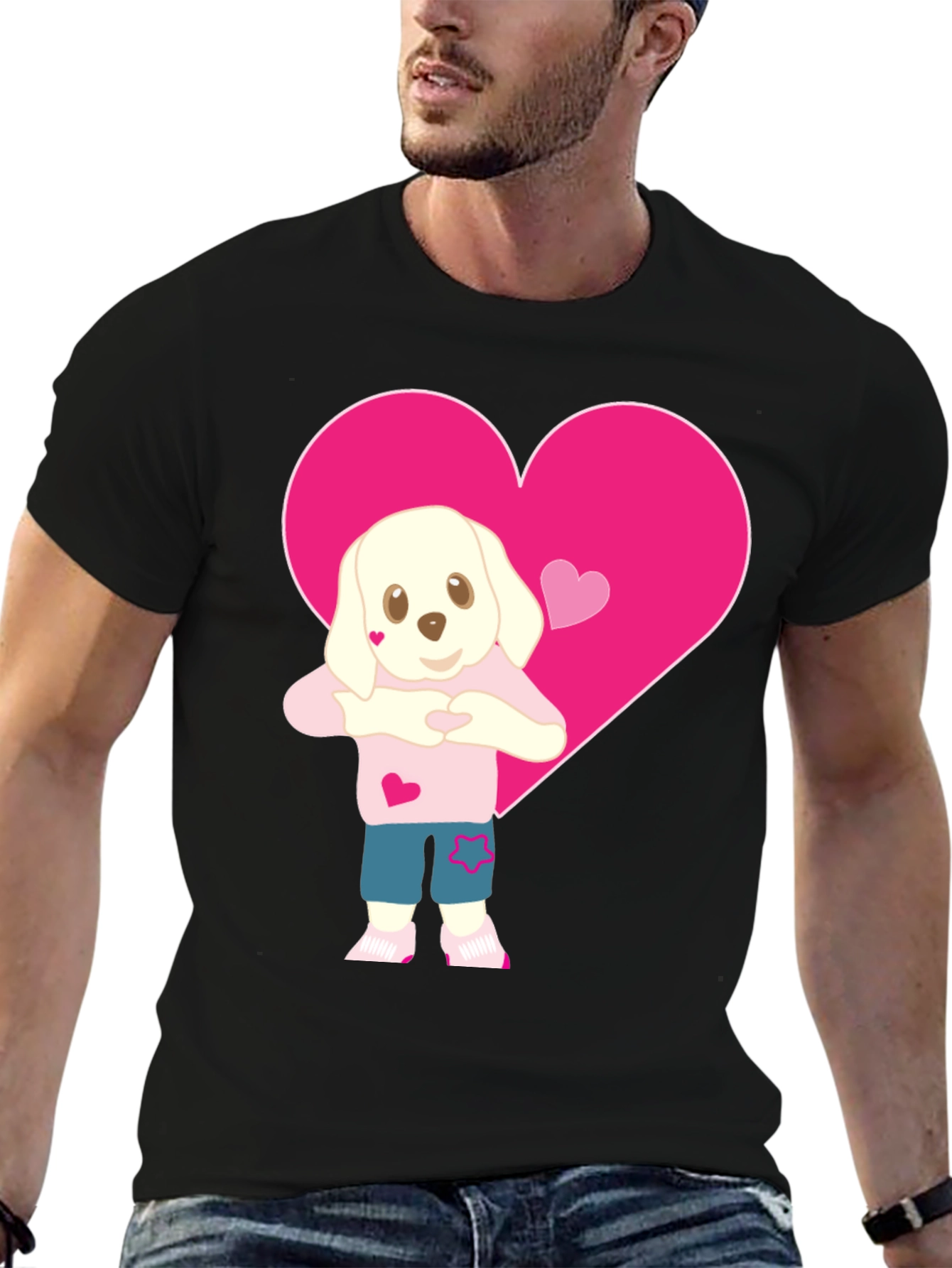 Black Cute Dog Heart Valentine's T-Shirt - Soft Cotton Blend view 6