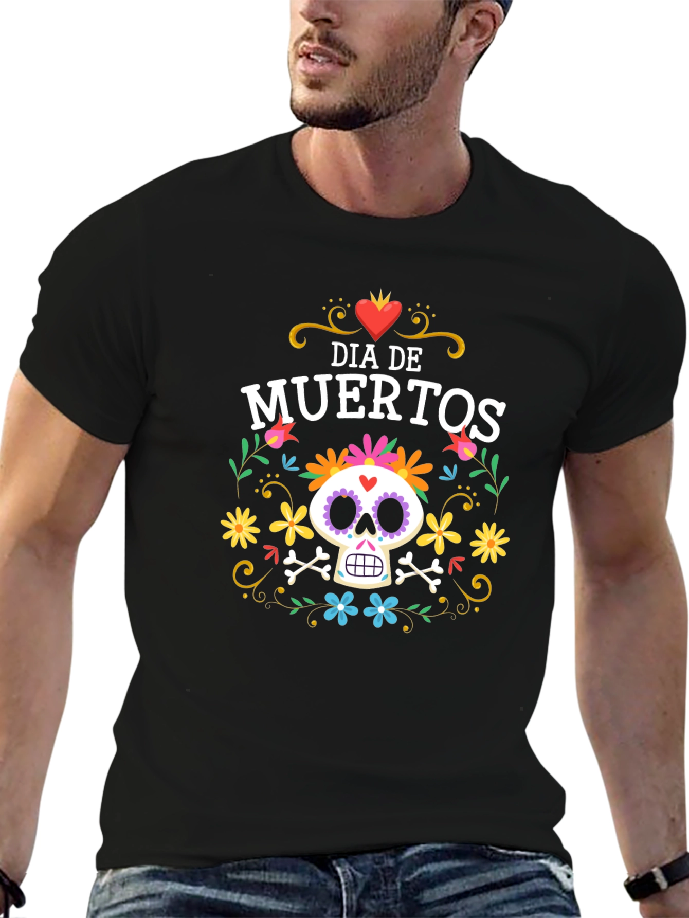 Black Dia De Muertos Graphic T-Shirt - Black Crew Neck view 6