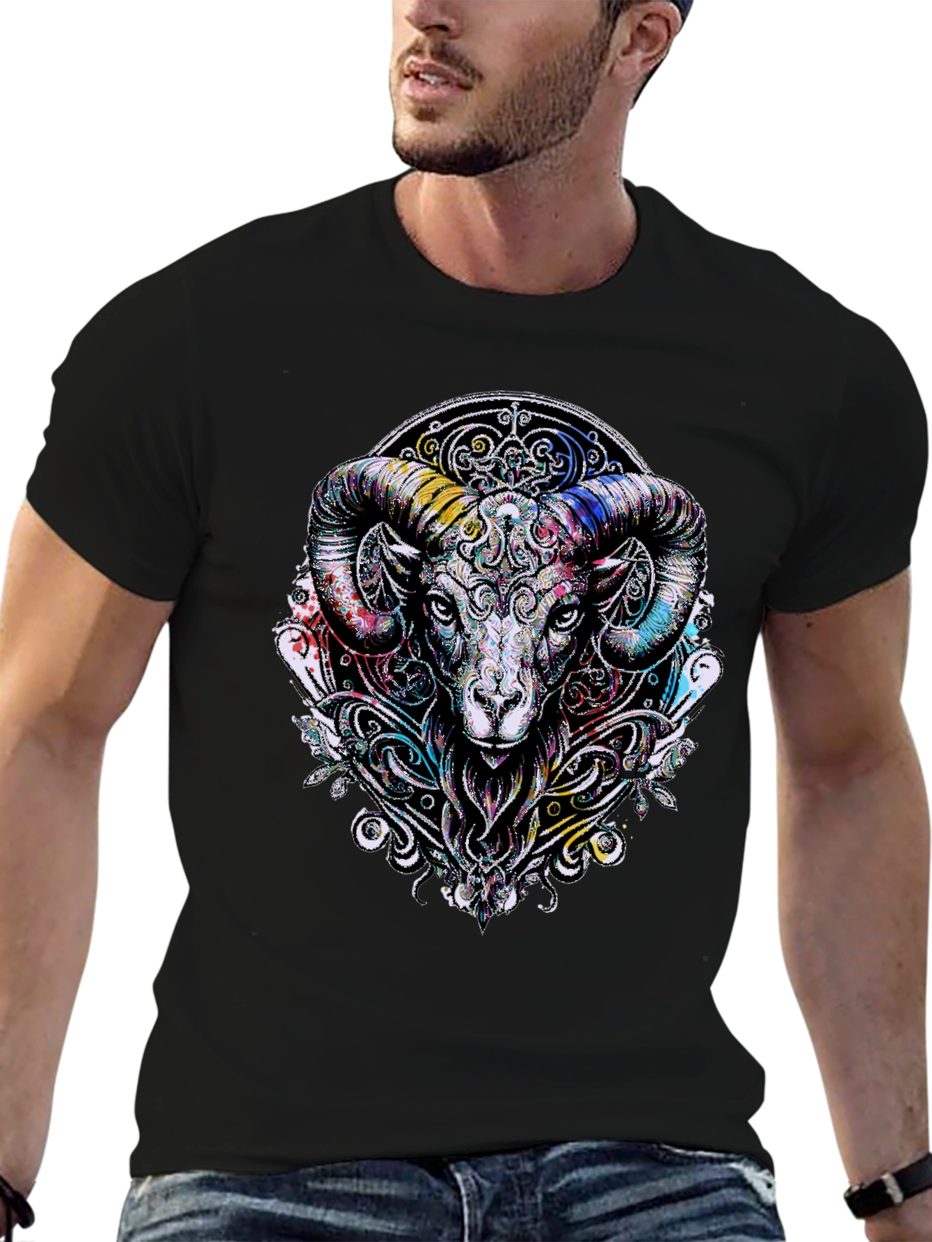 Black Aries Ram Graphic Black T-Shirt view 6