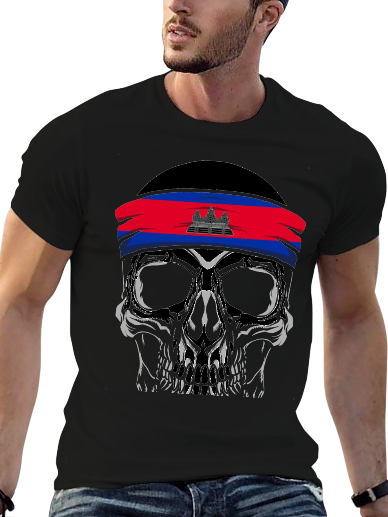 Skull T-Shirt Cambodia Flag Headband - 6