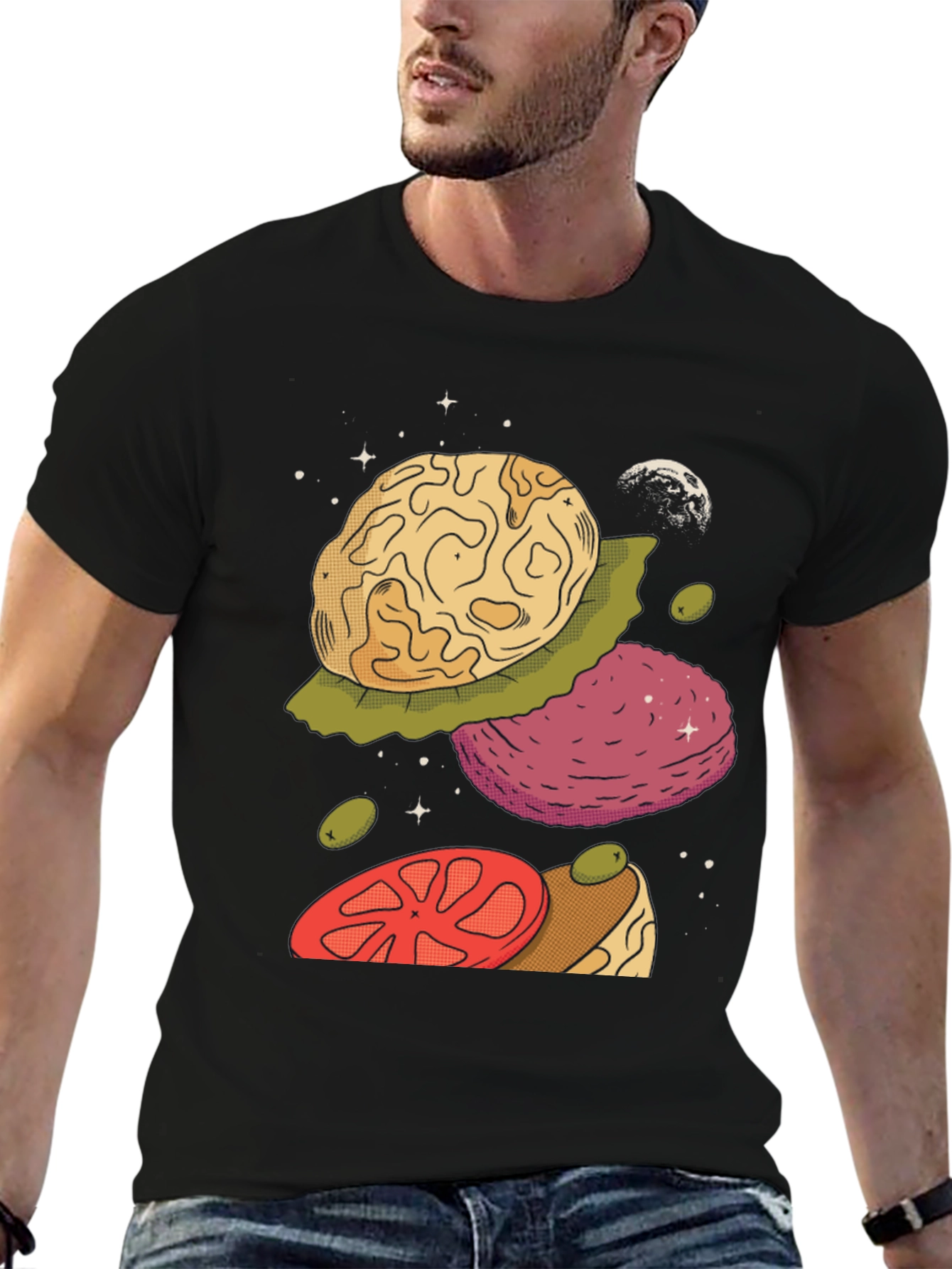 Black Cosmic Burger Graphic Tee - Unique Space Food Design view 6