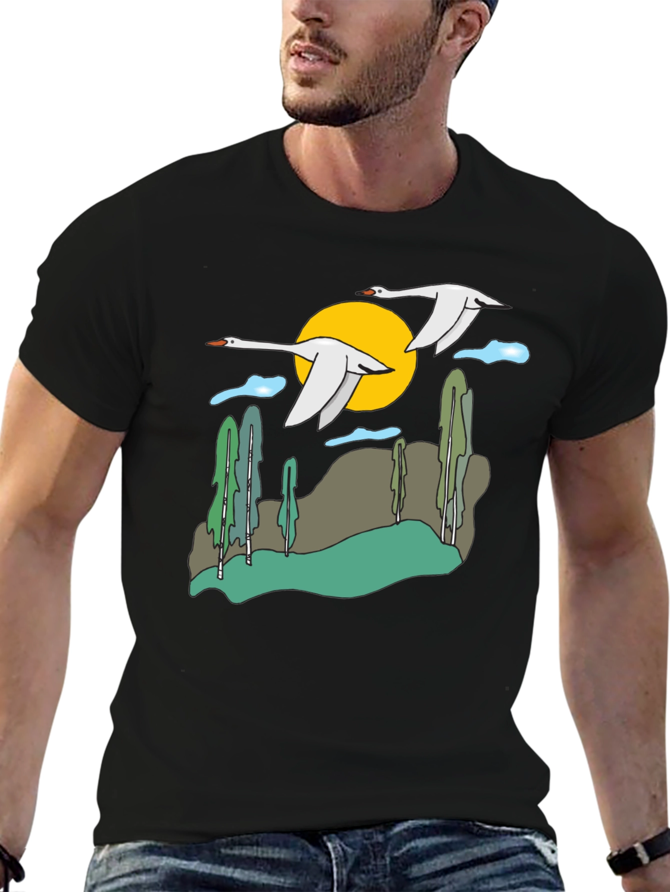 Black Nature Swans Graphic T-Shirt - Black Cotton Blend view 6