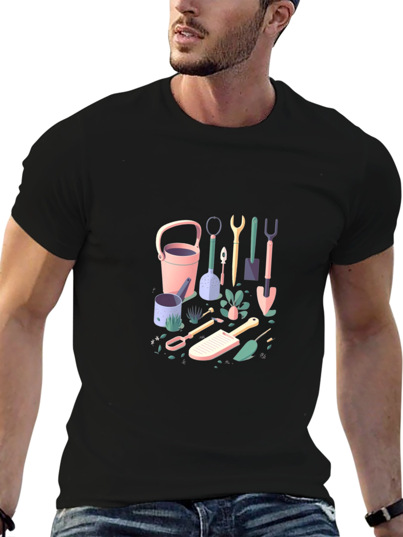Black Gardening Tools T-Shirt - Black Cotton Tee view 6