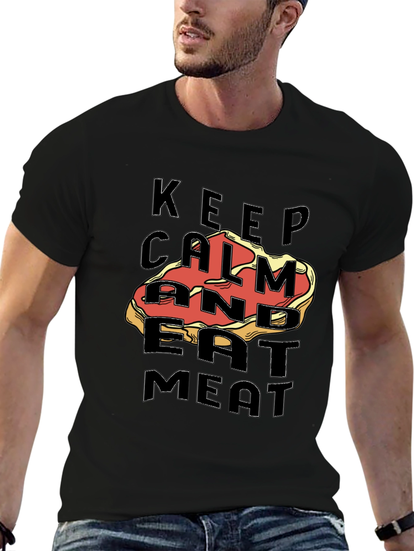 Black Keep Calm & Eat Meat Graphic Tee - Premium Black T-Shirt view 6