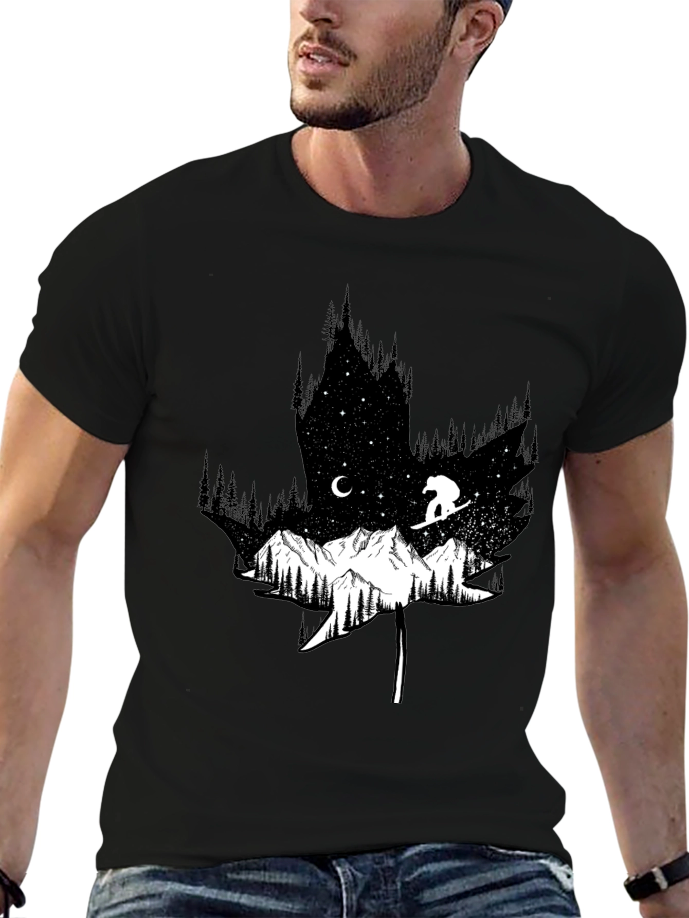 Black Nature Graphic Tee - Maple Leaf Mountain Design view 6