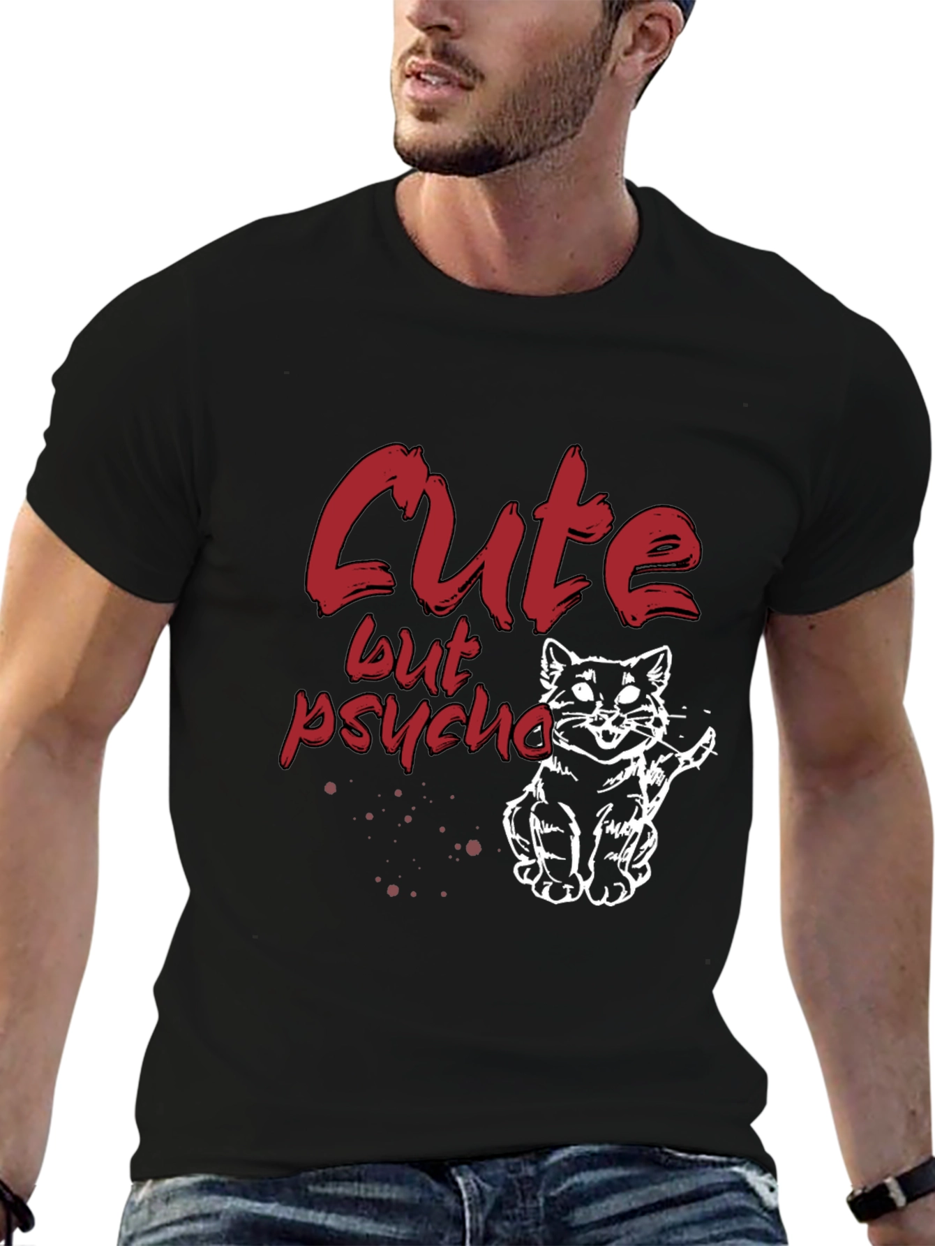 Black Cute But Psycho Cat Graphic T-Shirt - Black view 6