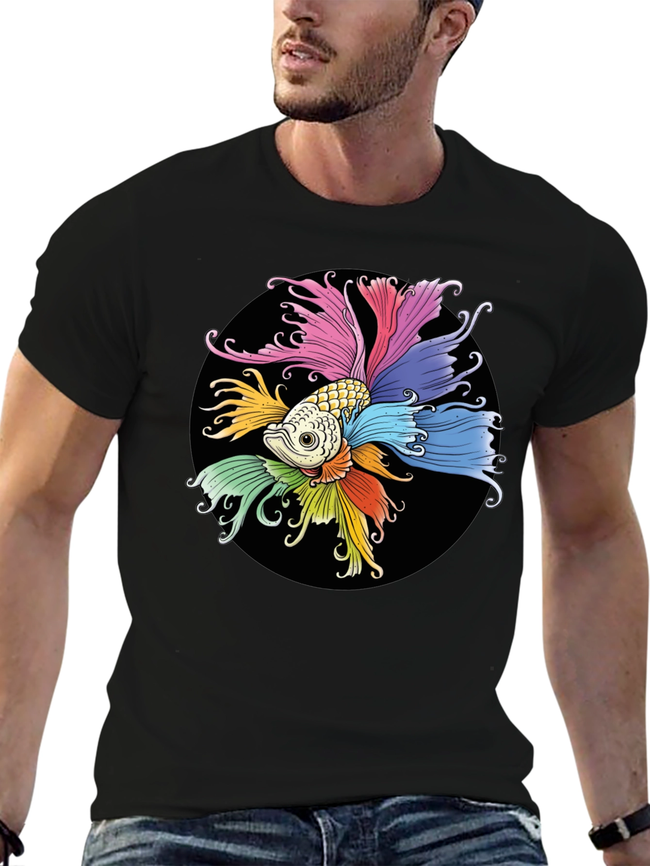Black Colorful Betta Fish Graphic T-Shirt view 6