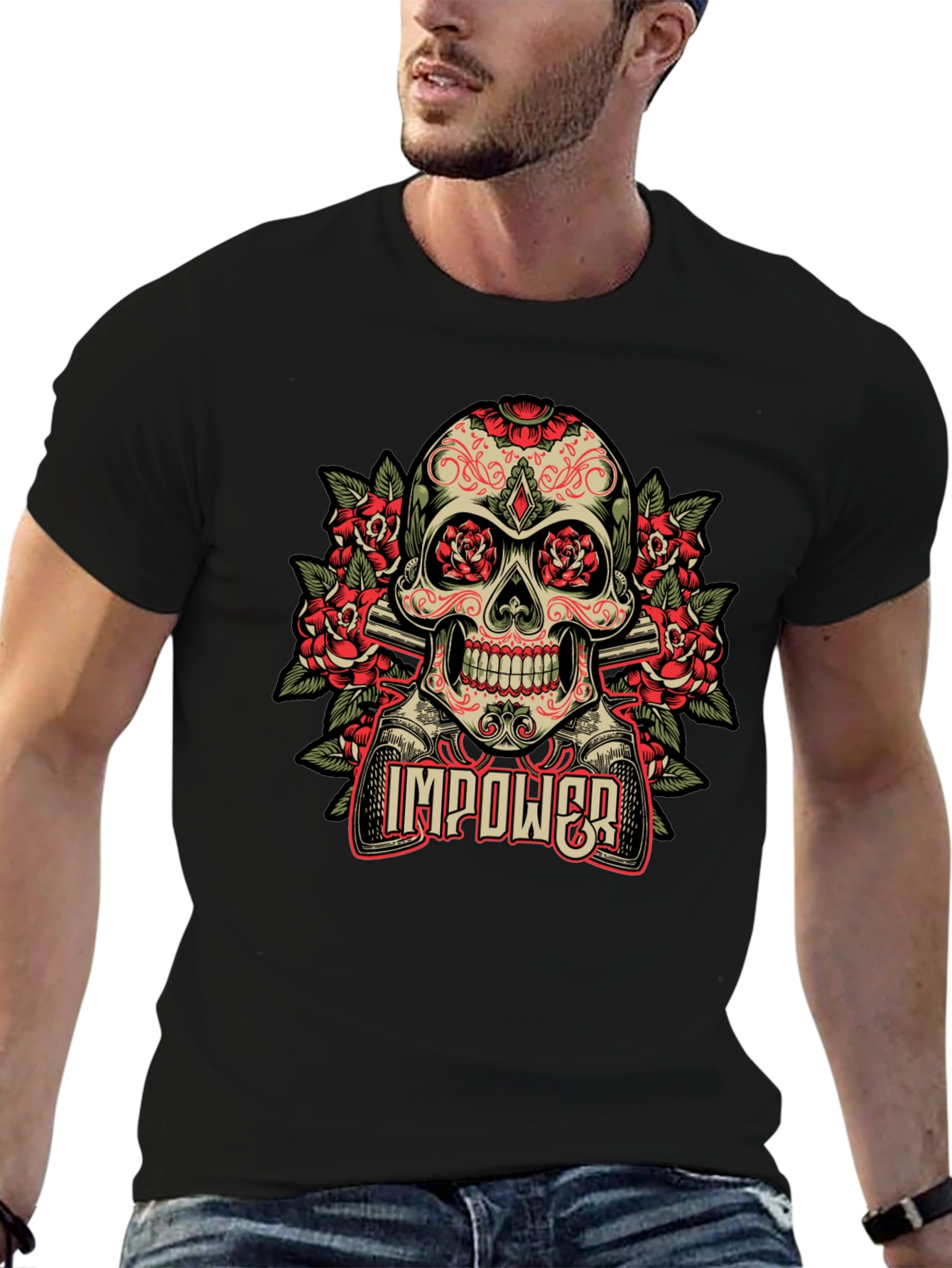 Black Skull & Roses Graphic T-Shirt - Empower Your Style view 6
