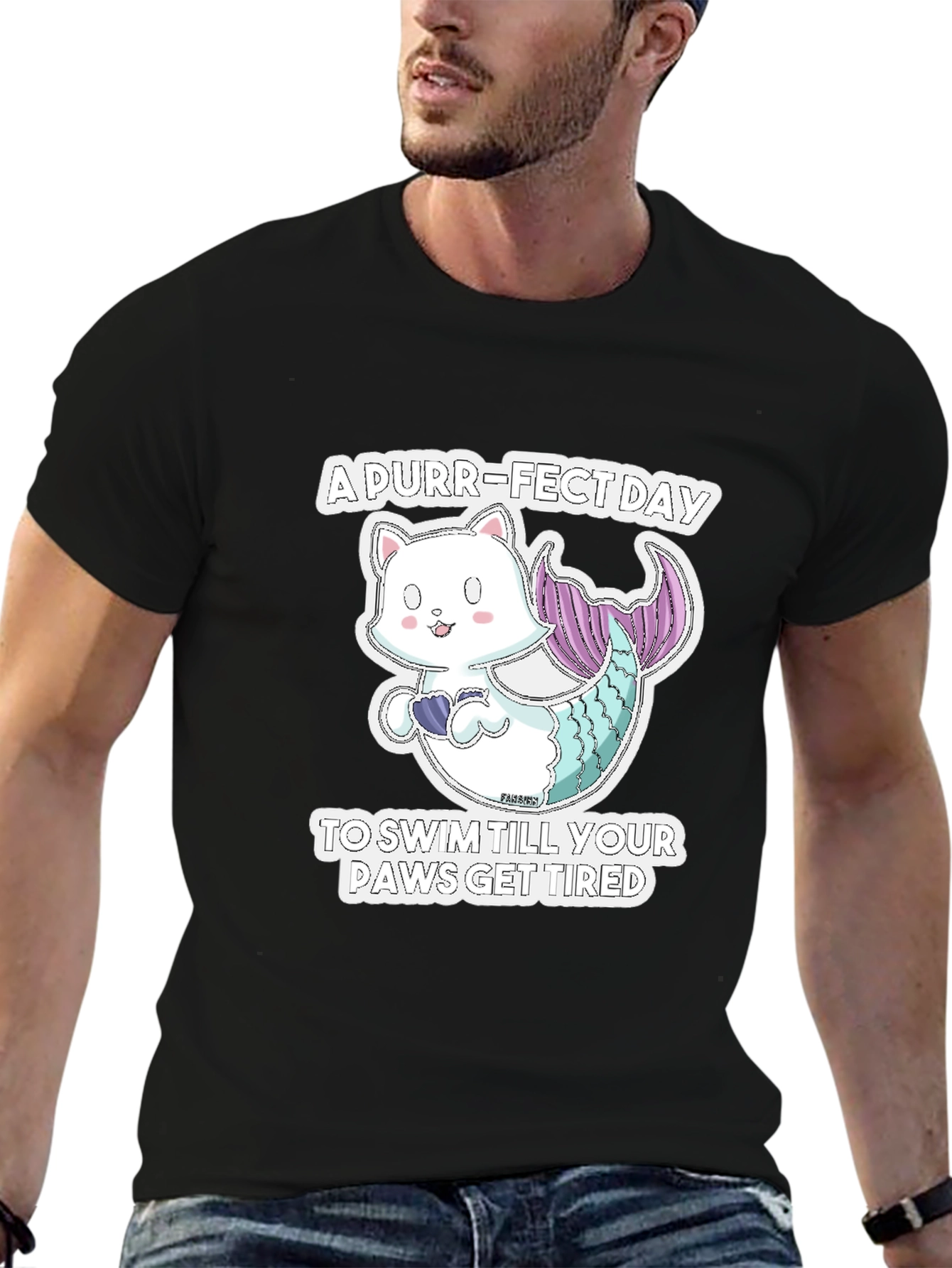 Black Purr-Fect Day Cat Mermaid Graphic Tee view 6