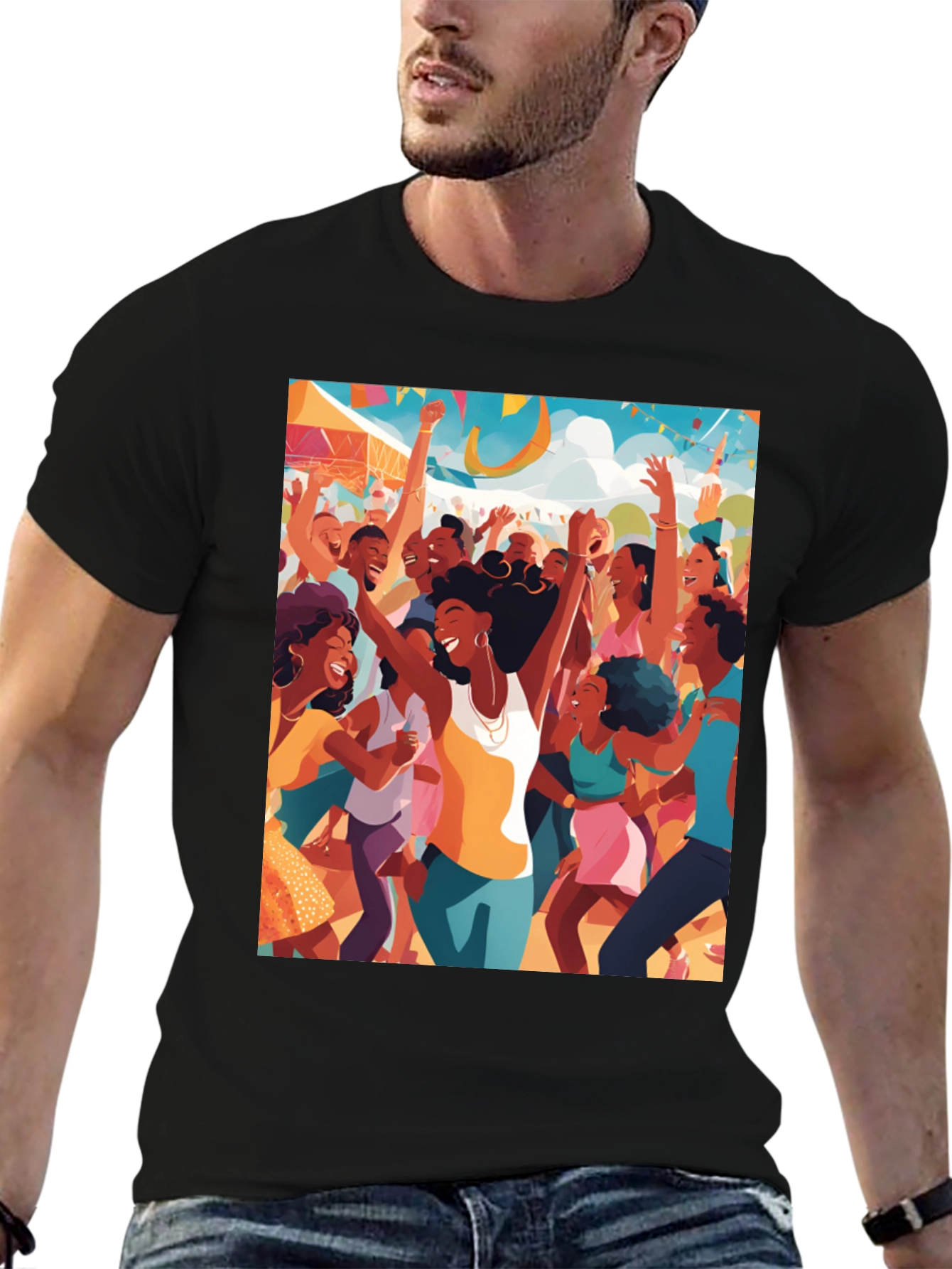 Black Festive Crowd Graphic Tee - Black Cotton Comfort view 6