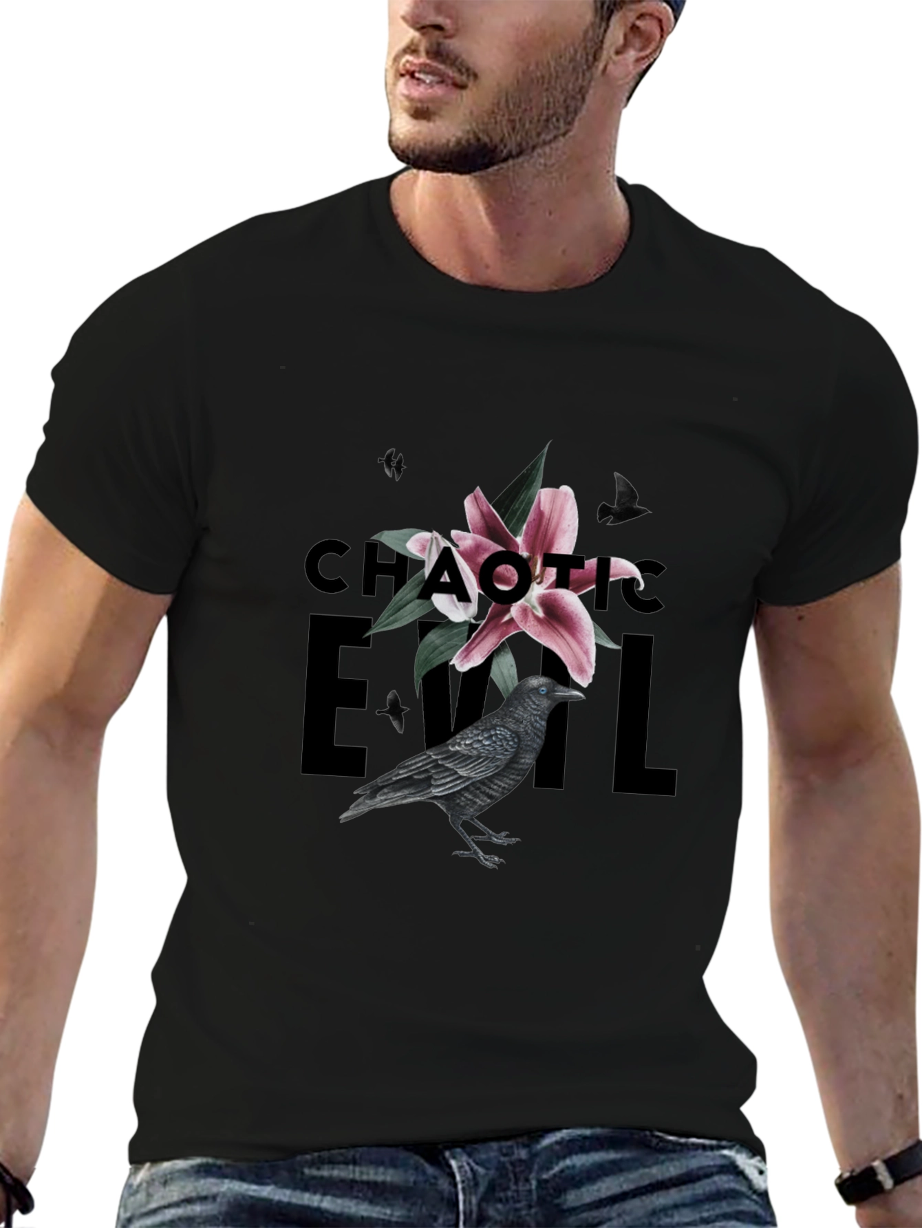 Black Chaotic Evil Raven Graphic Tee - Men's Black T-Shirt view 6