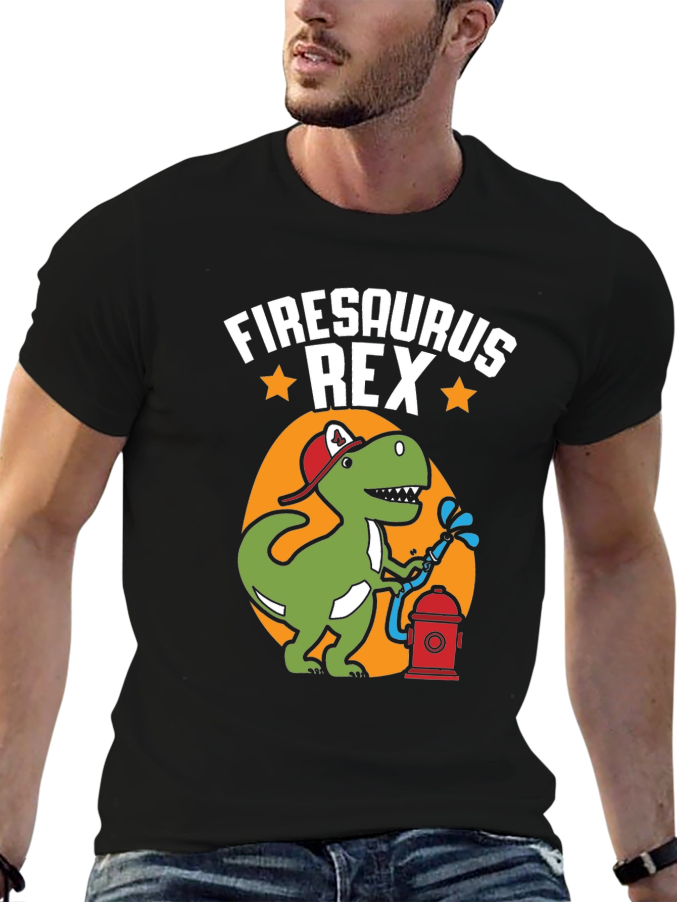 Black Firesaurus Rex Graphic Tee - Firefighter Dinosaur T-Shirt view 6