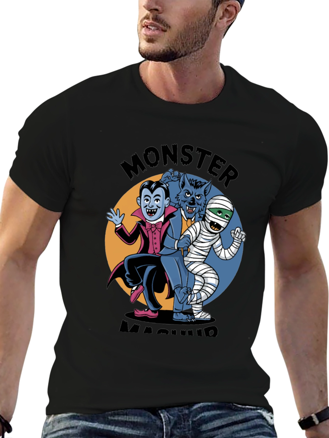 Black Monster Mash T-Shirt: Classic Horror Character Design view 6