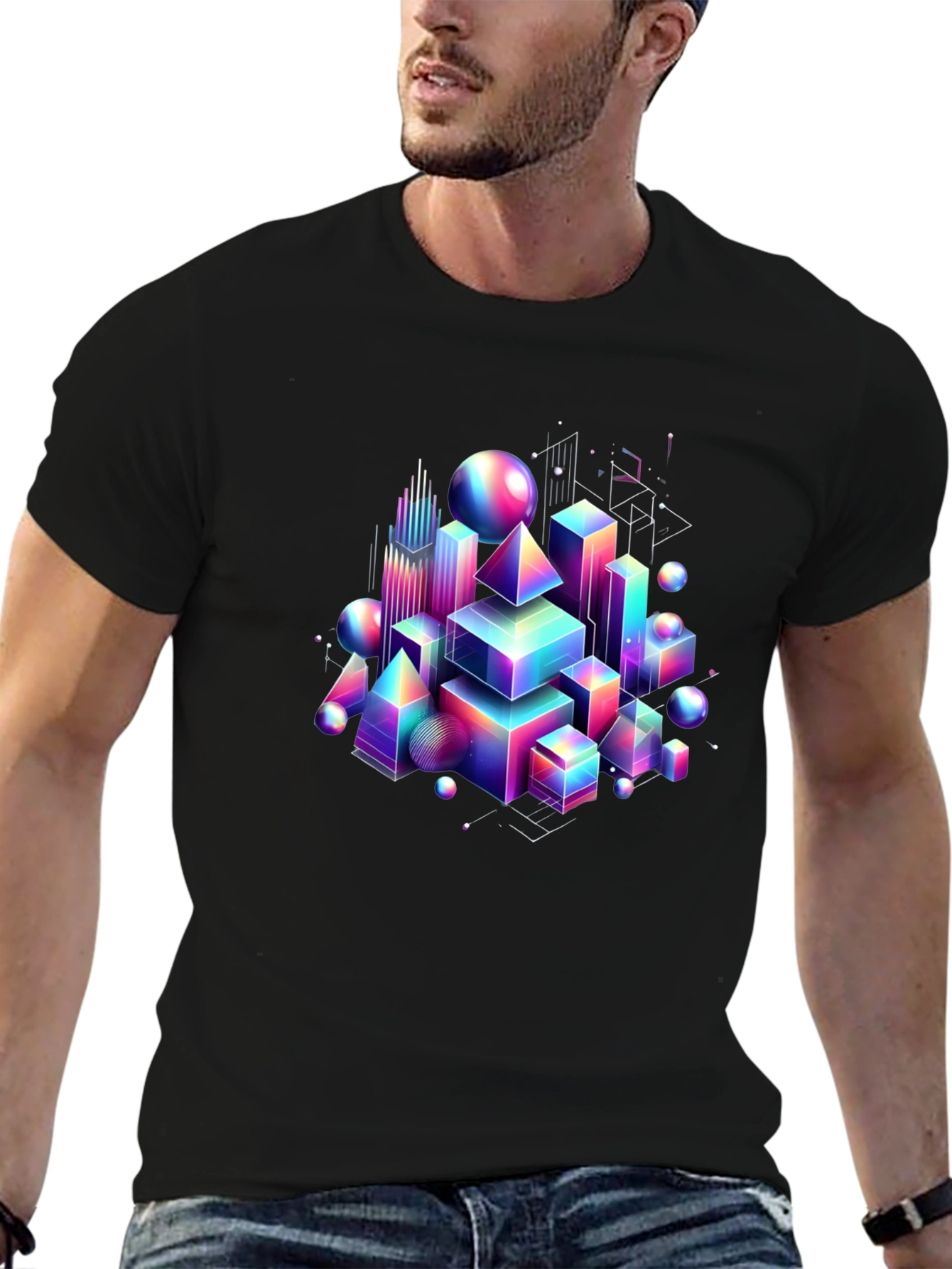 Black Geometric Rainbow T-Shirt - Modern Art Tee view 6