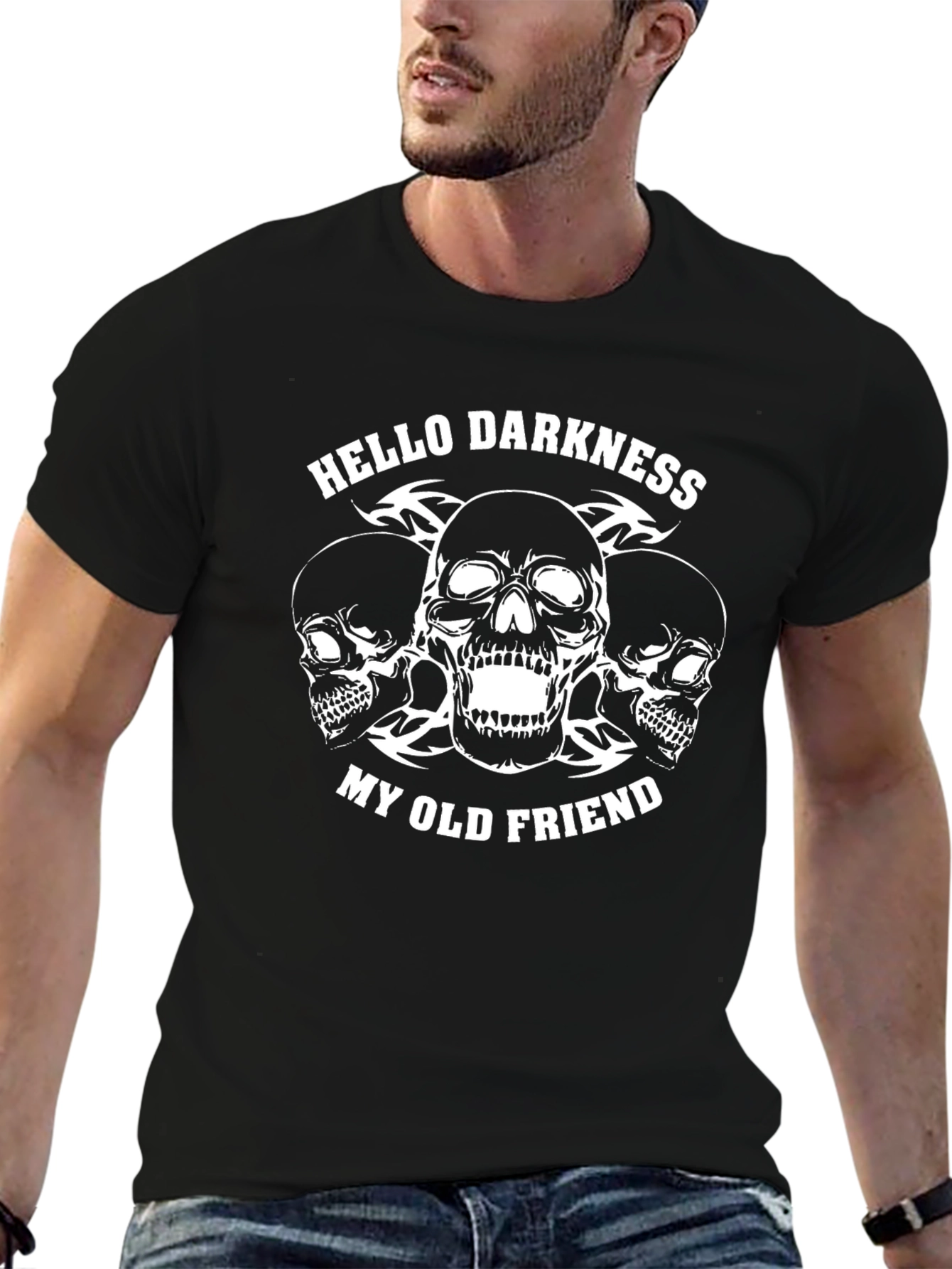Black Hello Darkness My Old Friend Skull Graphic Tee view 6