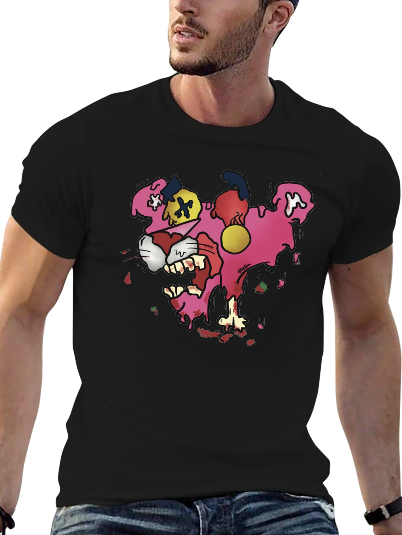 Black Cartoon Pink Panther Graphic T-Shirt view 6