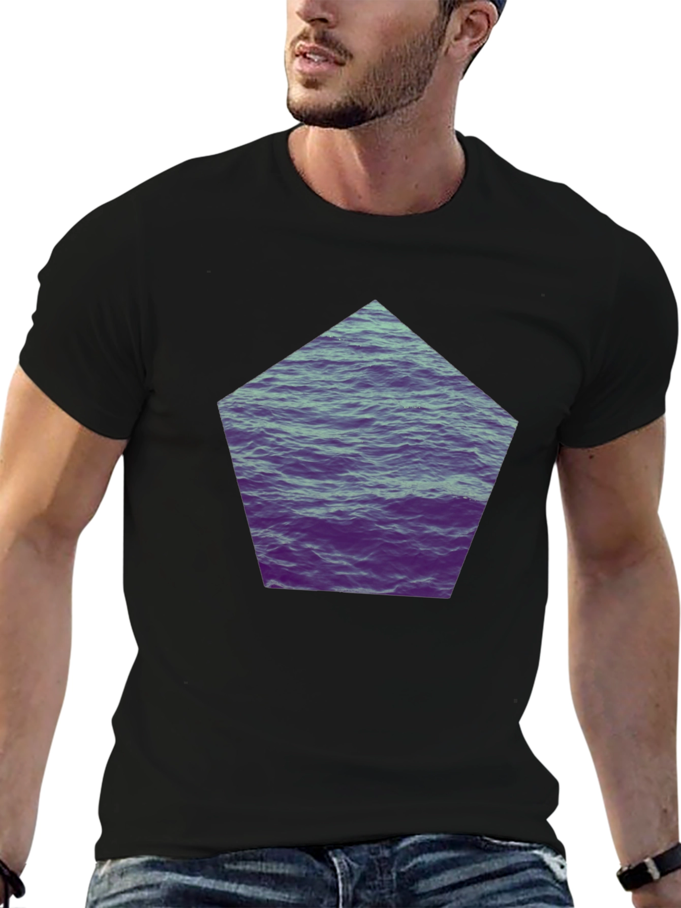 Black Black T-Shirt with Ocean Waves Graphic Print view 6