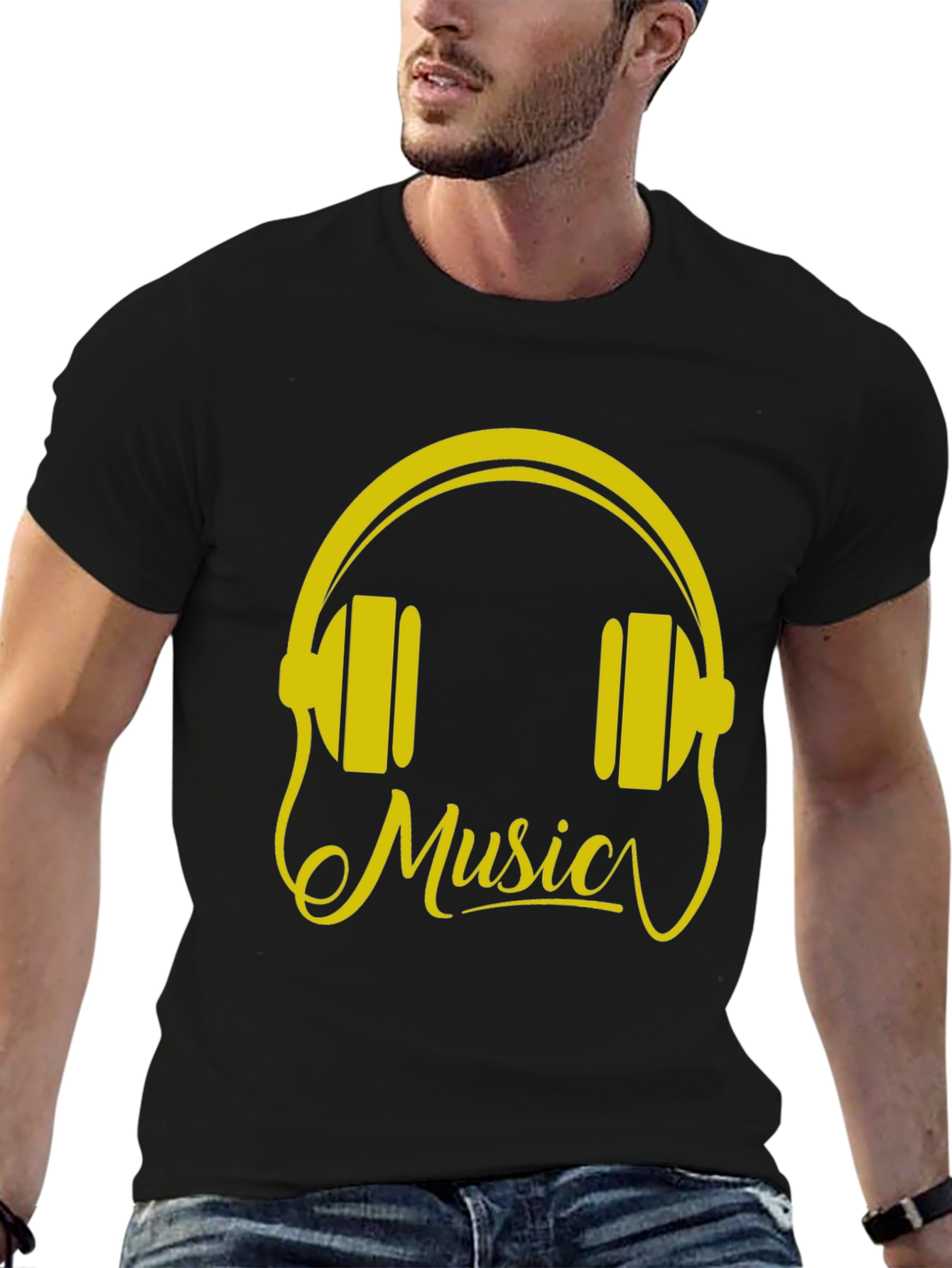 Music Headphones Graphic Tee - Black Cotton T-Shirt - 6