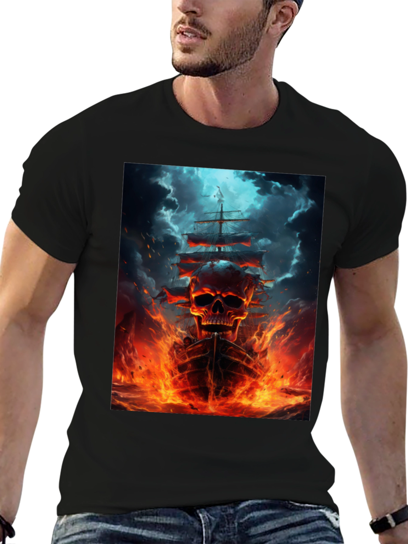 Black Skull Ship Graphic Black T-Shirt view 6