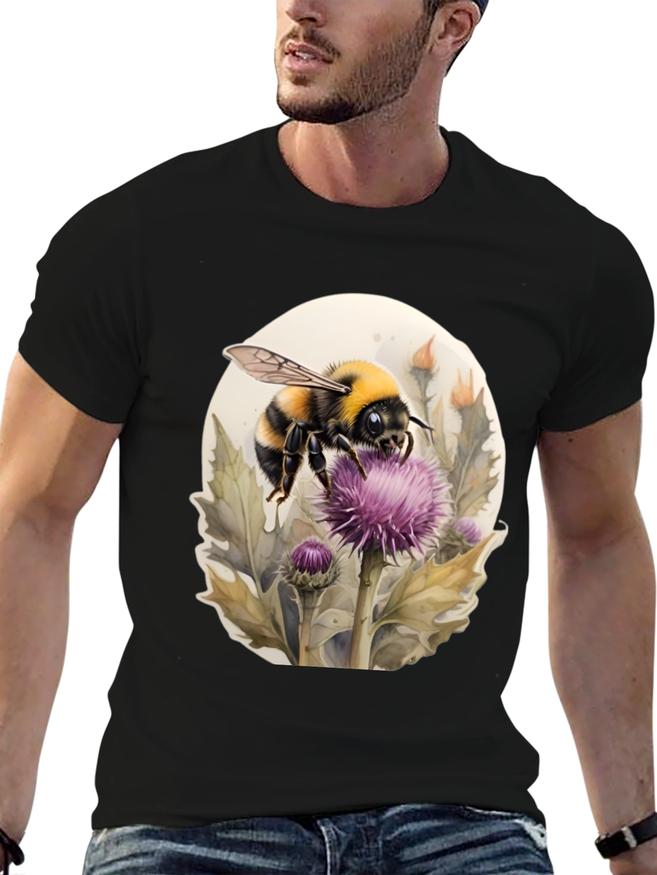Black Bumble Bee on Thistle Black T-Shirt view 6
