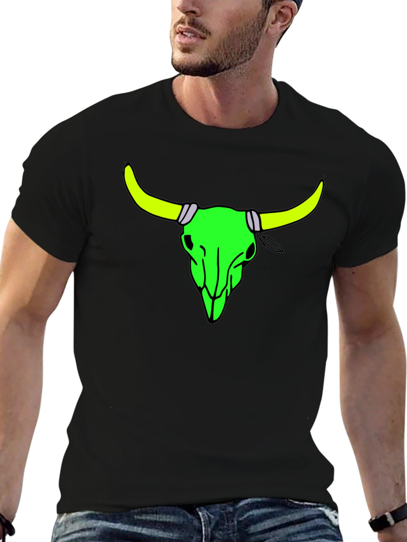 Black Neon Bull Skull Graphic Tee - Bold Black Cotton Shirt view 6