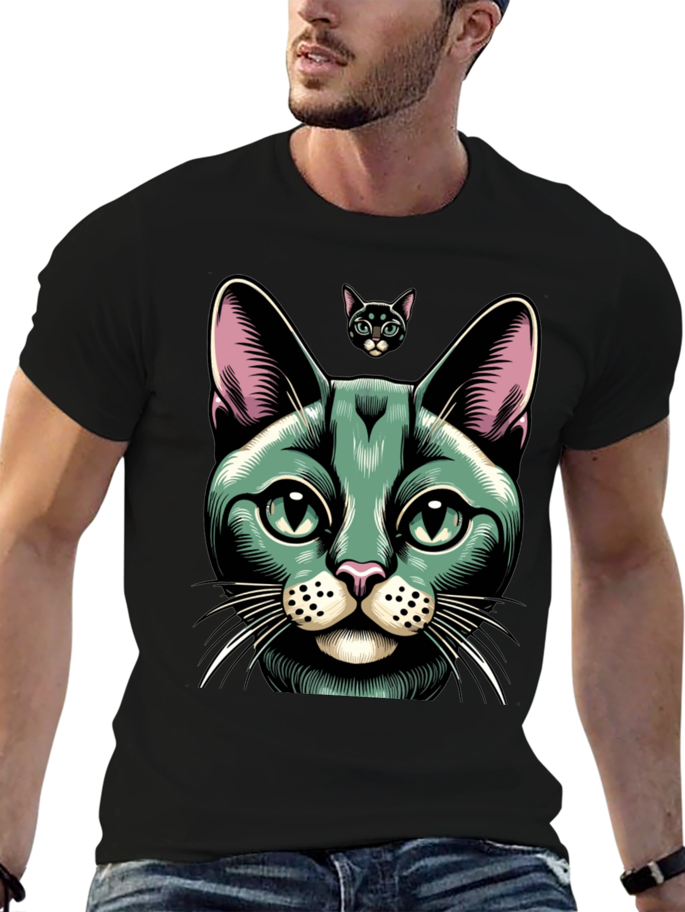 Black Cool Cat Graphic Tee - Black Cotton Blend view 6