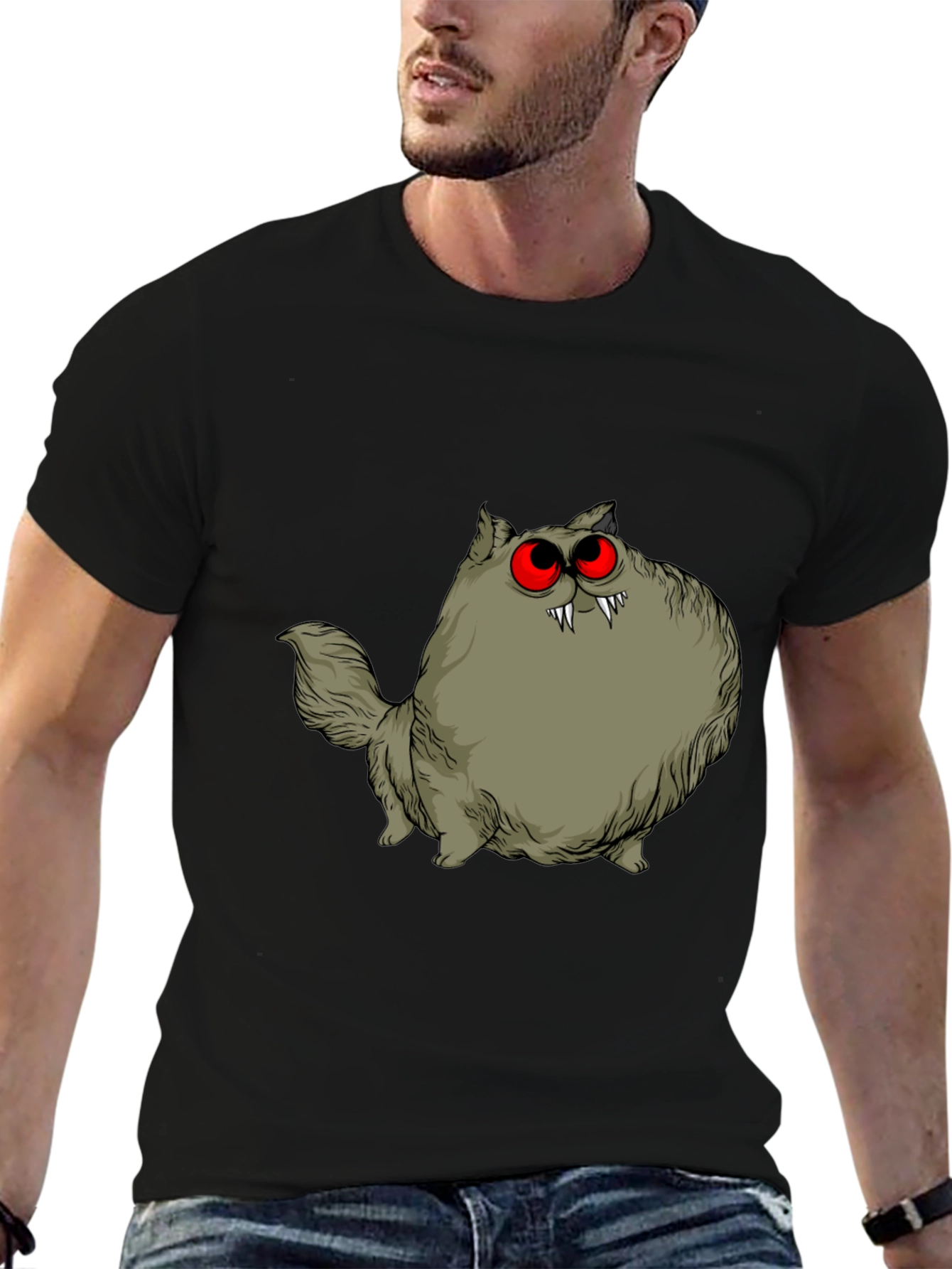 Black Creepy Cat Graphic Tee - Red Eyes, Fangs, Unique view 6