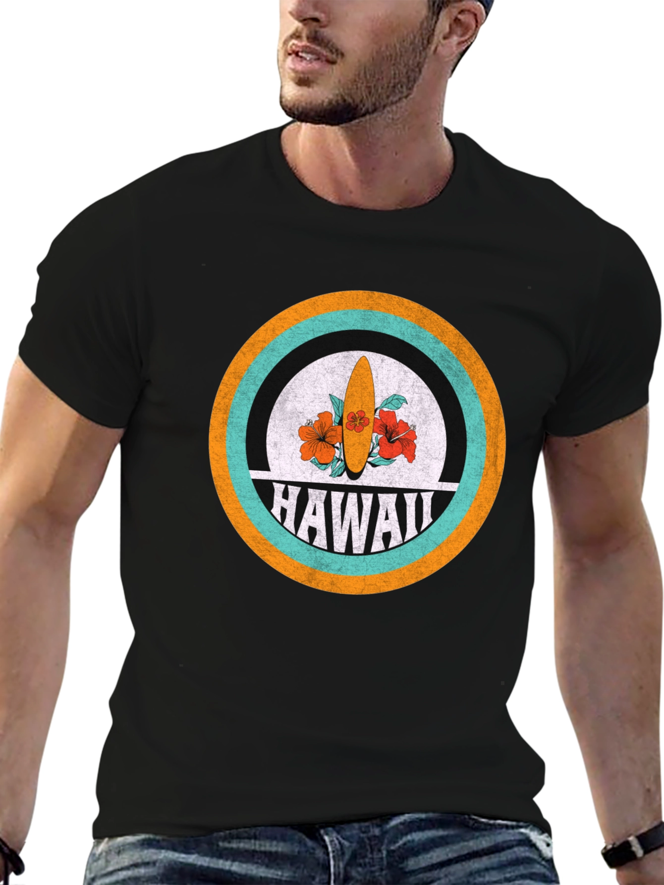 Black Hawaii Surfboard Graphic Tee - Retro Style view 6