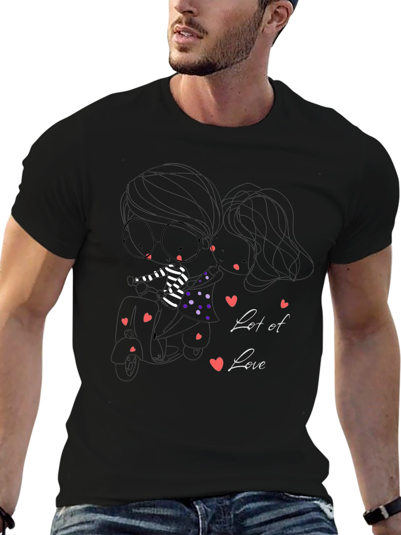 Black Cute Cartoon Couple Scooter Ride Black T-Shirt view 6