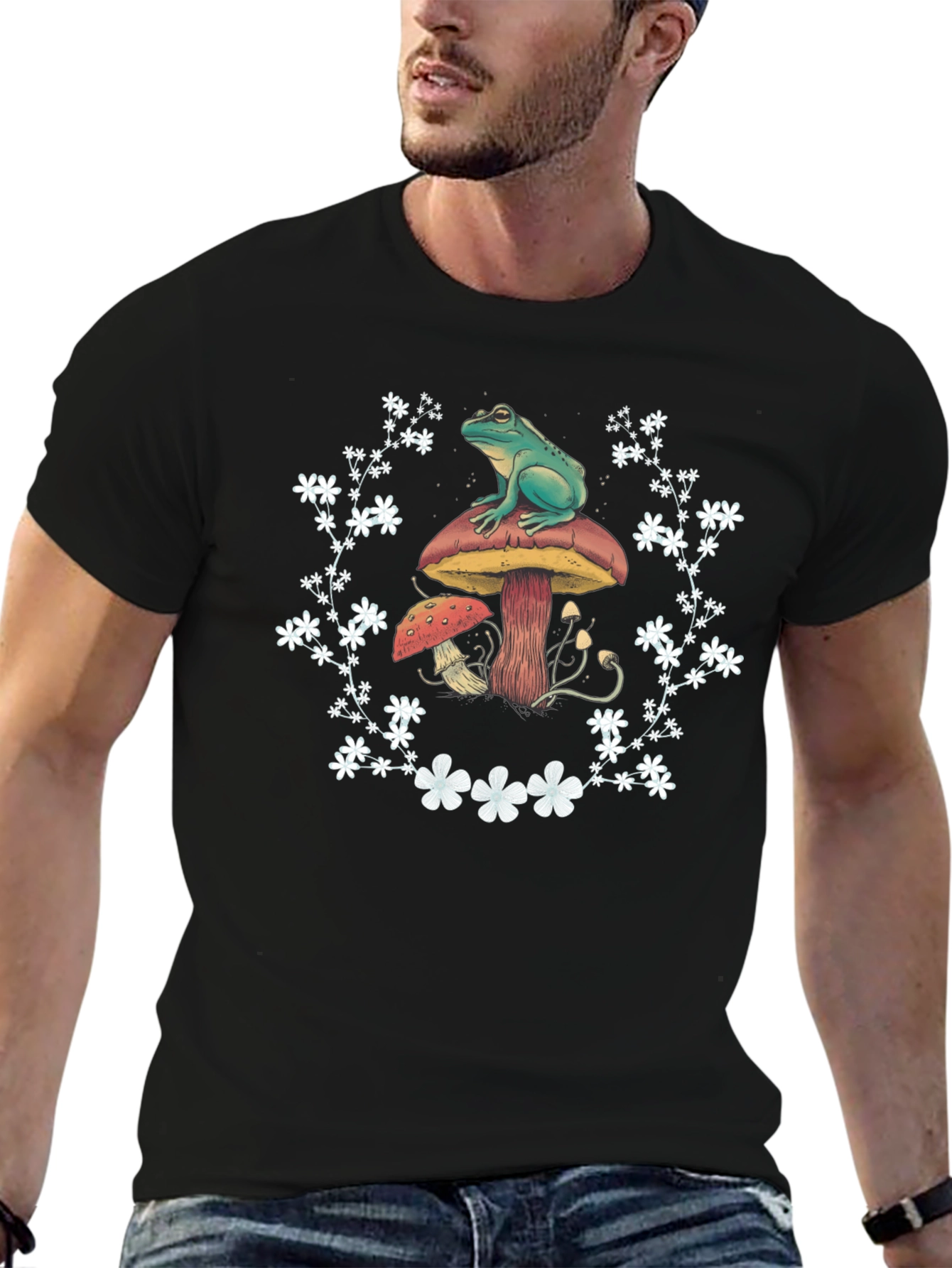 Black Frog and Mushroom T-Shirt - Unique Graphic Tee view 6