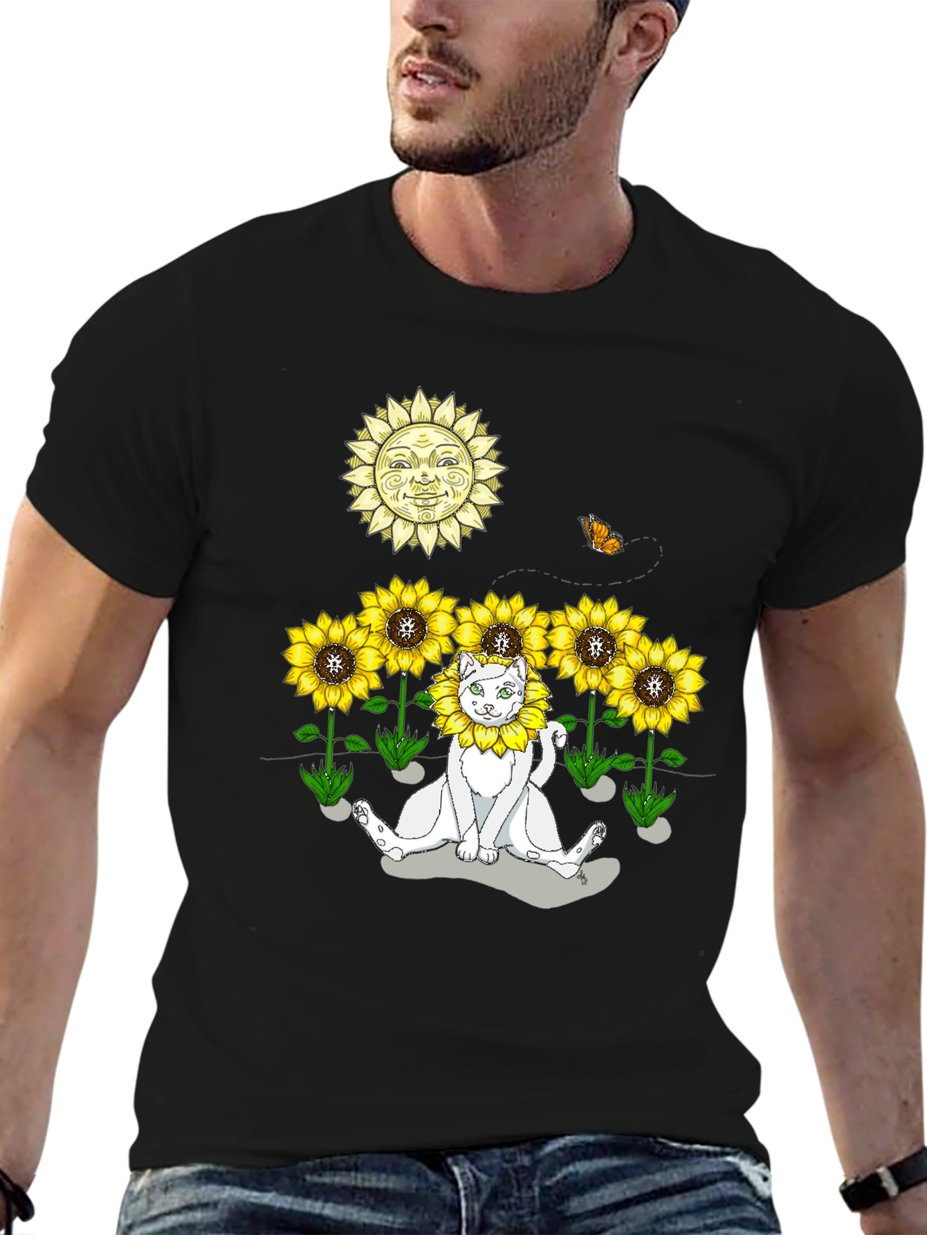 Black Sunflower Cat Graphic Tee - Black view 6