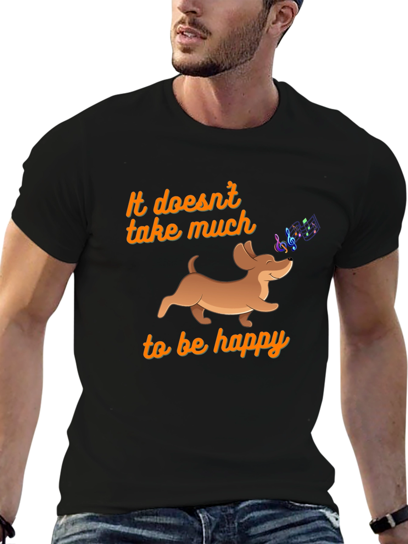 Black Happy Dachshund Music Notes Graphic Tee view 6