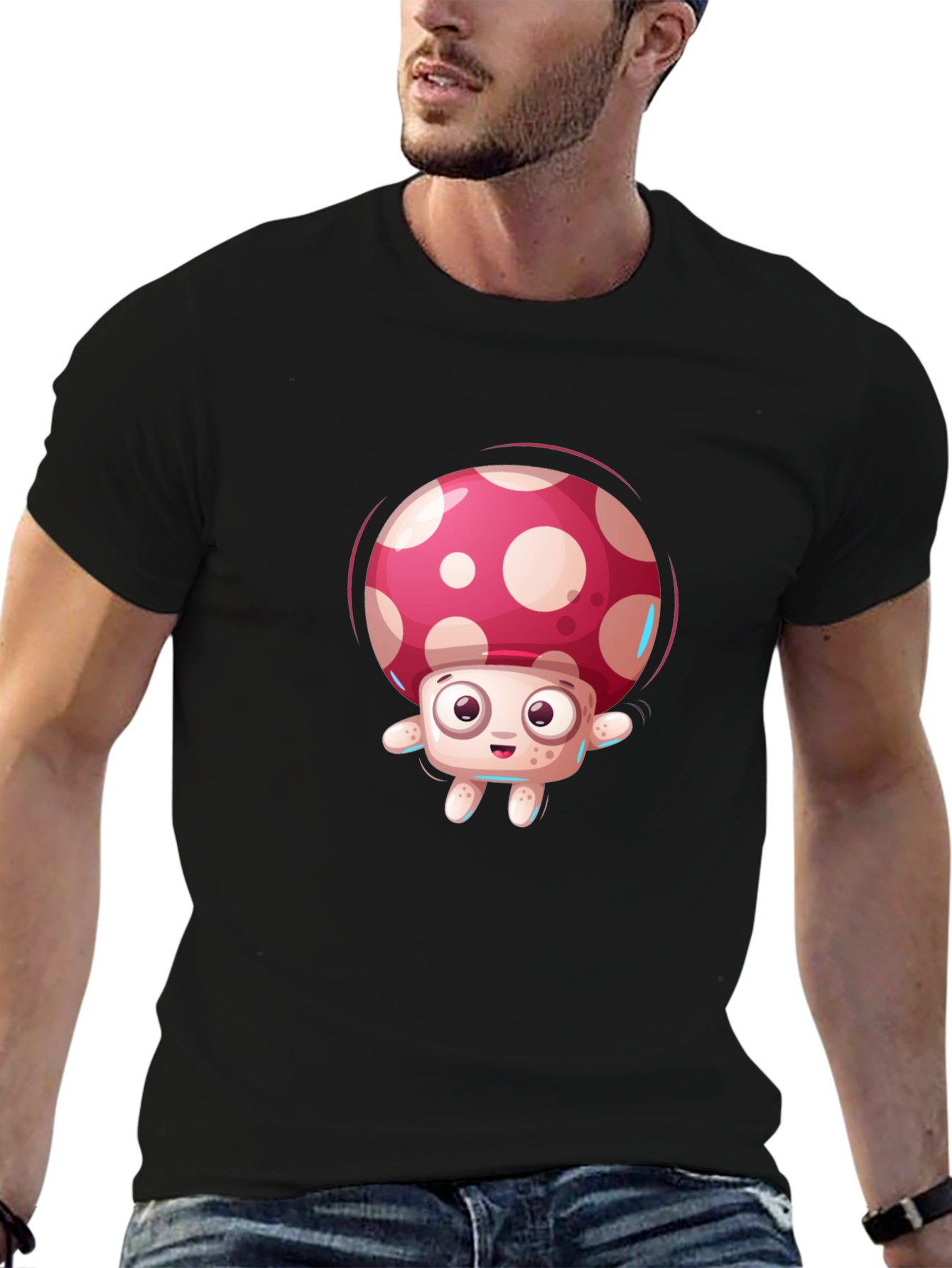 Black Cartoon Mushroom Graphic Tee - Black Casual Top view 6