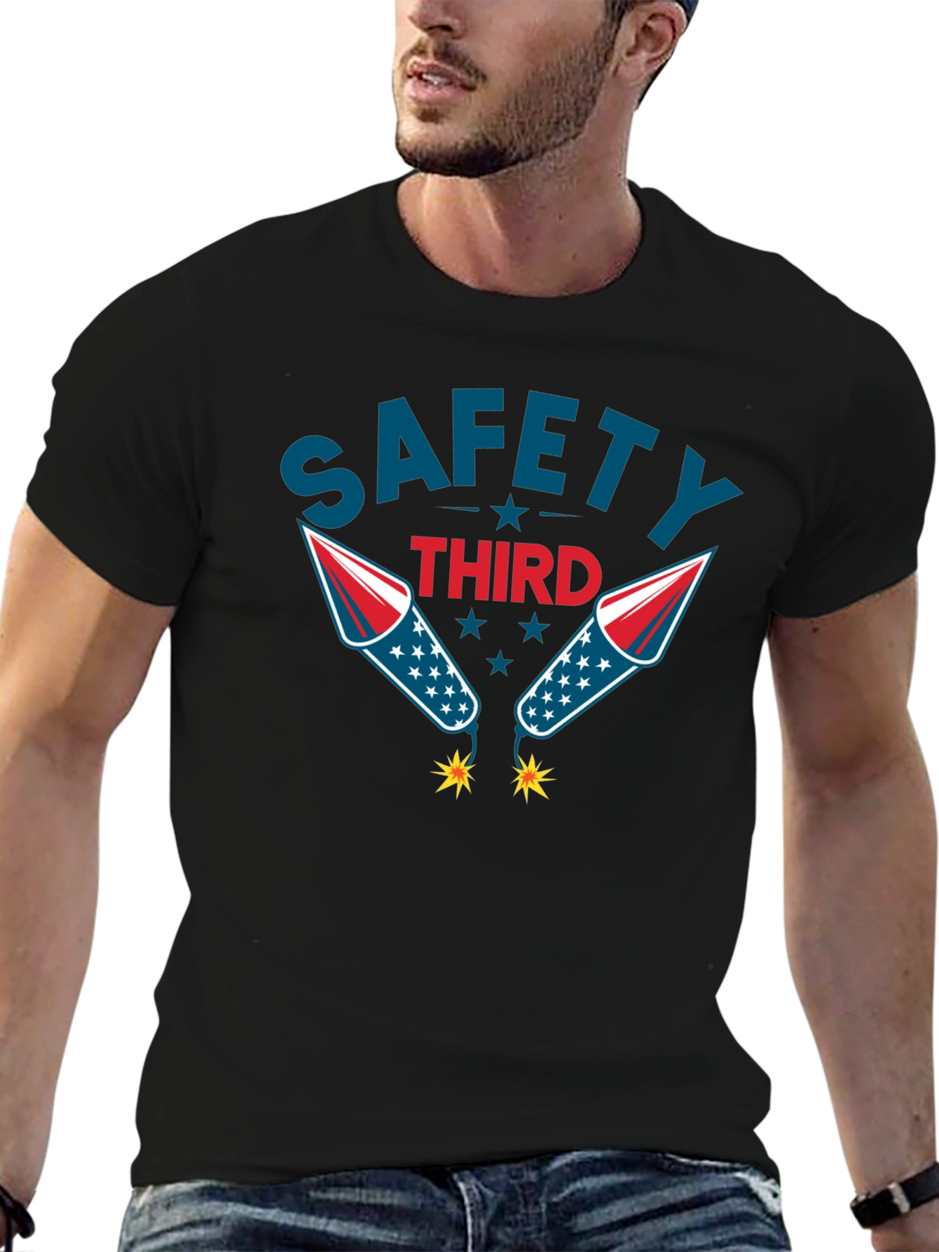 Black Safety Third Graphic Tee Funny Fireworks T-Shirt view 6