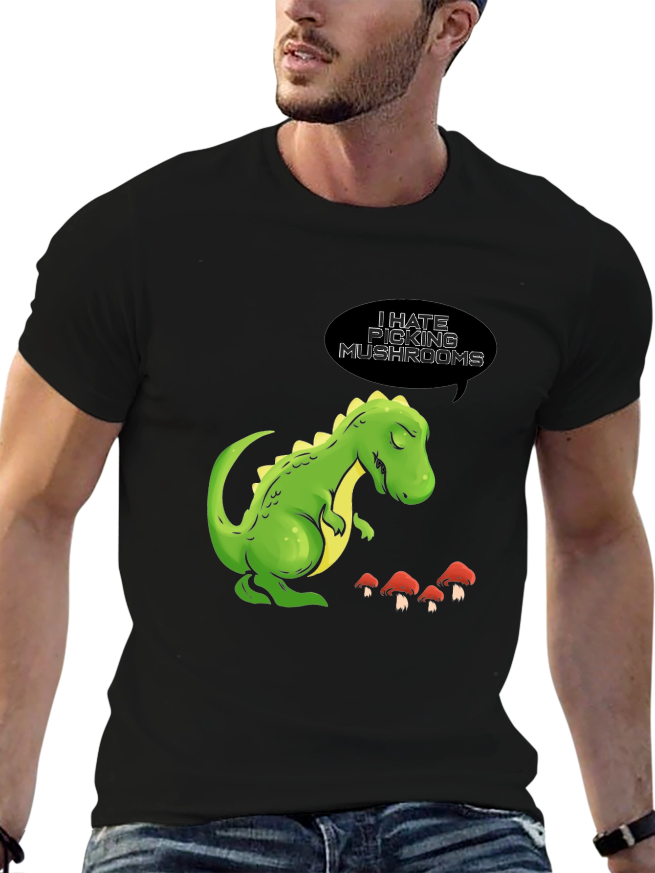 Black Funny Dinosaur T-Shirt - I Hate Picking Mushrooms view 6