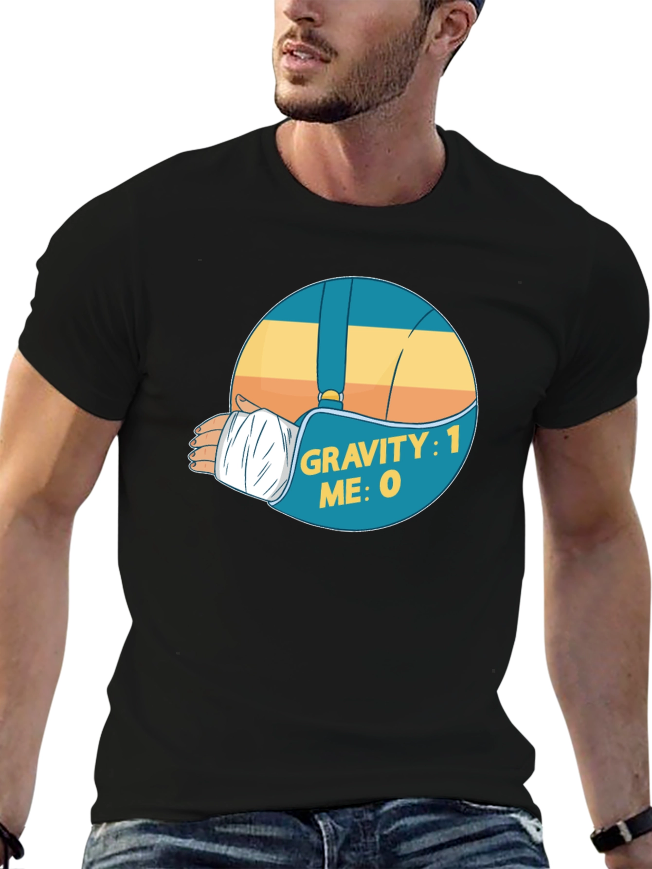 Black Gravity: 1 Me: 0 Funny Broken Arm T-Shirt view 6