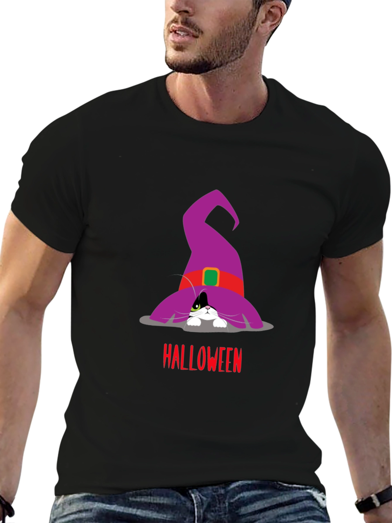 Black Halloween Cat in Witch Hat T-Shirt view 6