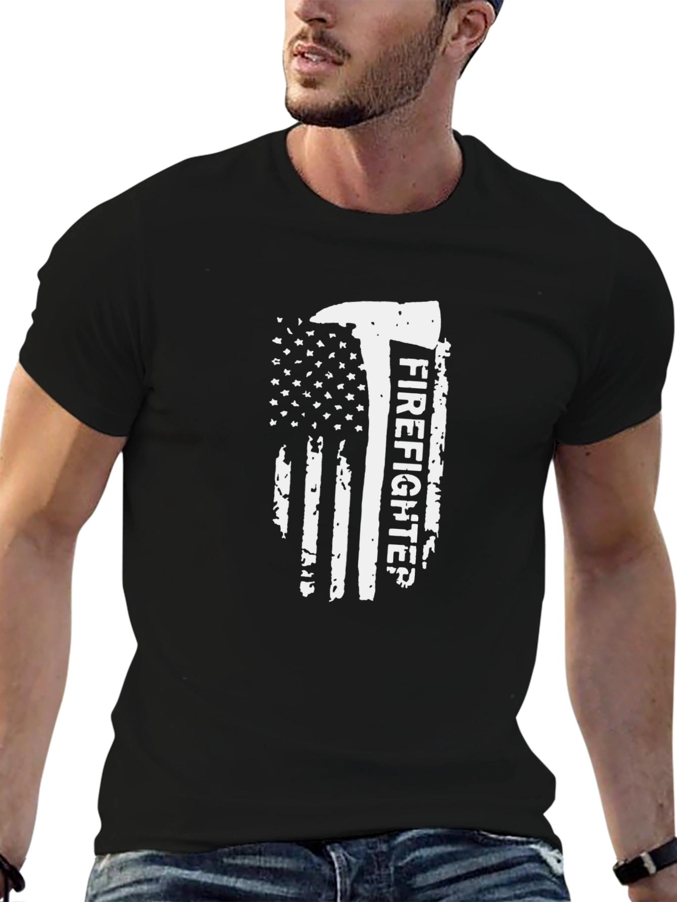 Black Firefighter American Flag Graphic Tee - Black view 6