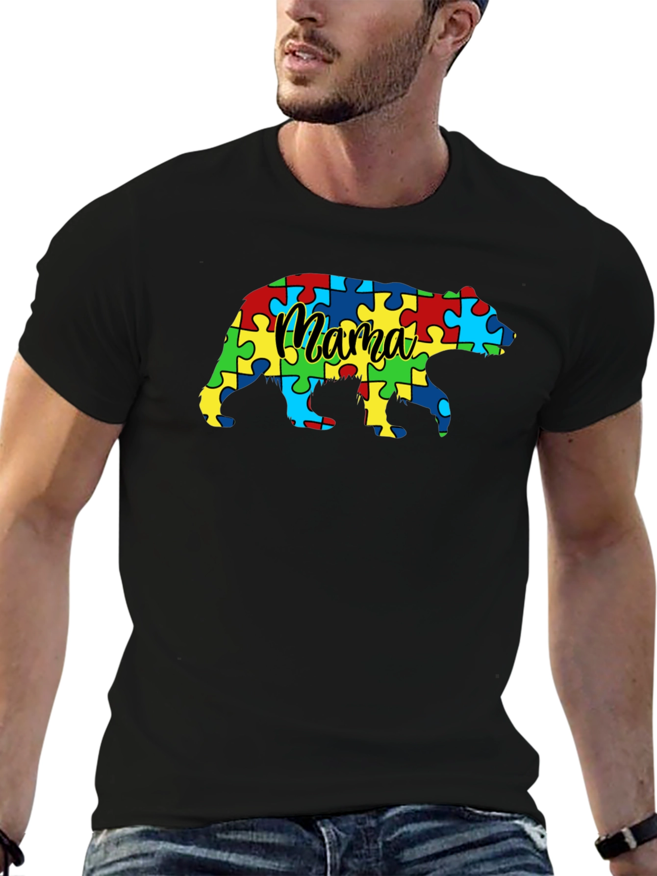 Black Mama Bear Autism Awareness Puzzle T-Shirt view 6