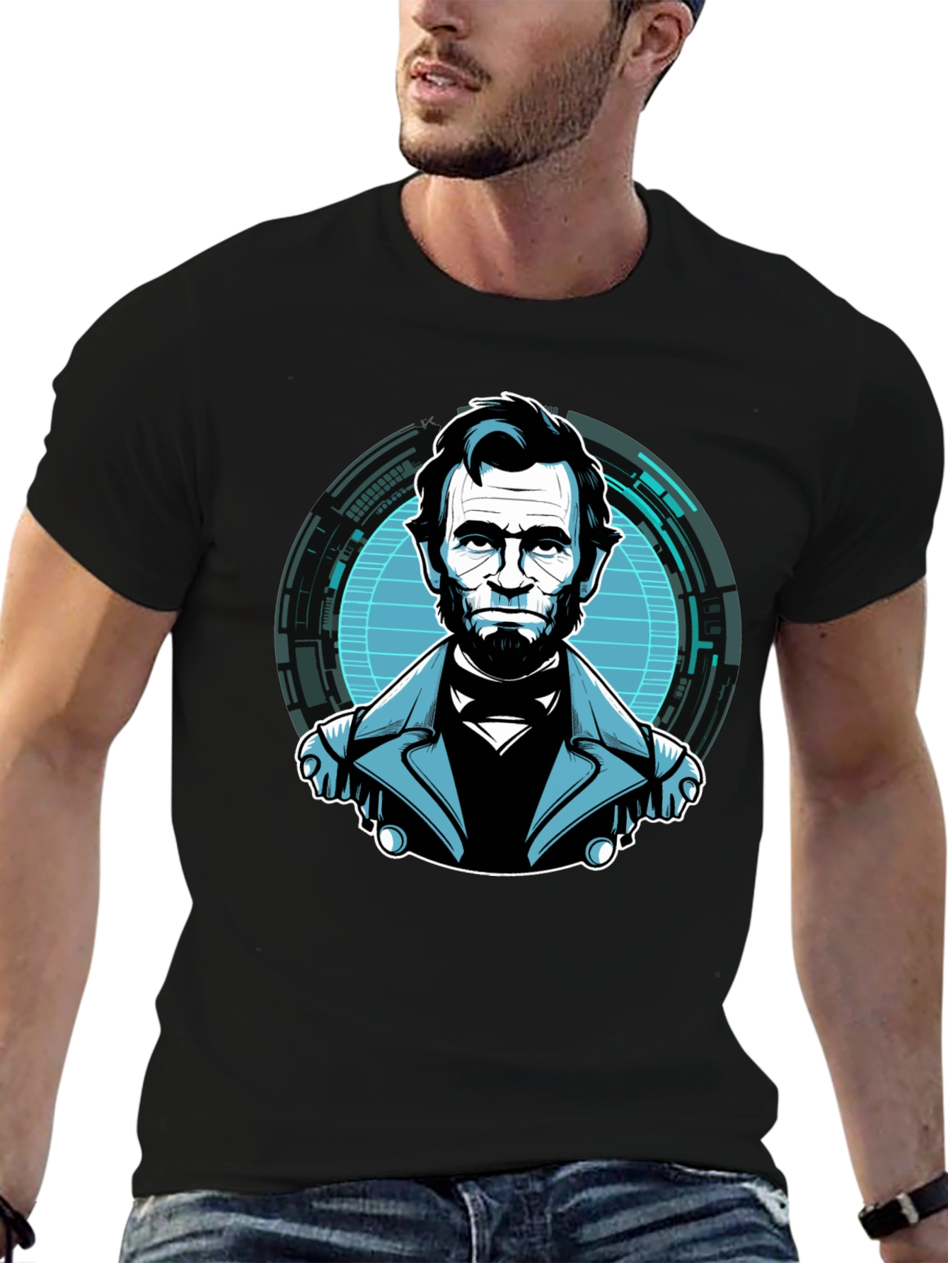 Black Abe Lincoln Tech Graphic Black T-Shirt view 6