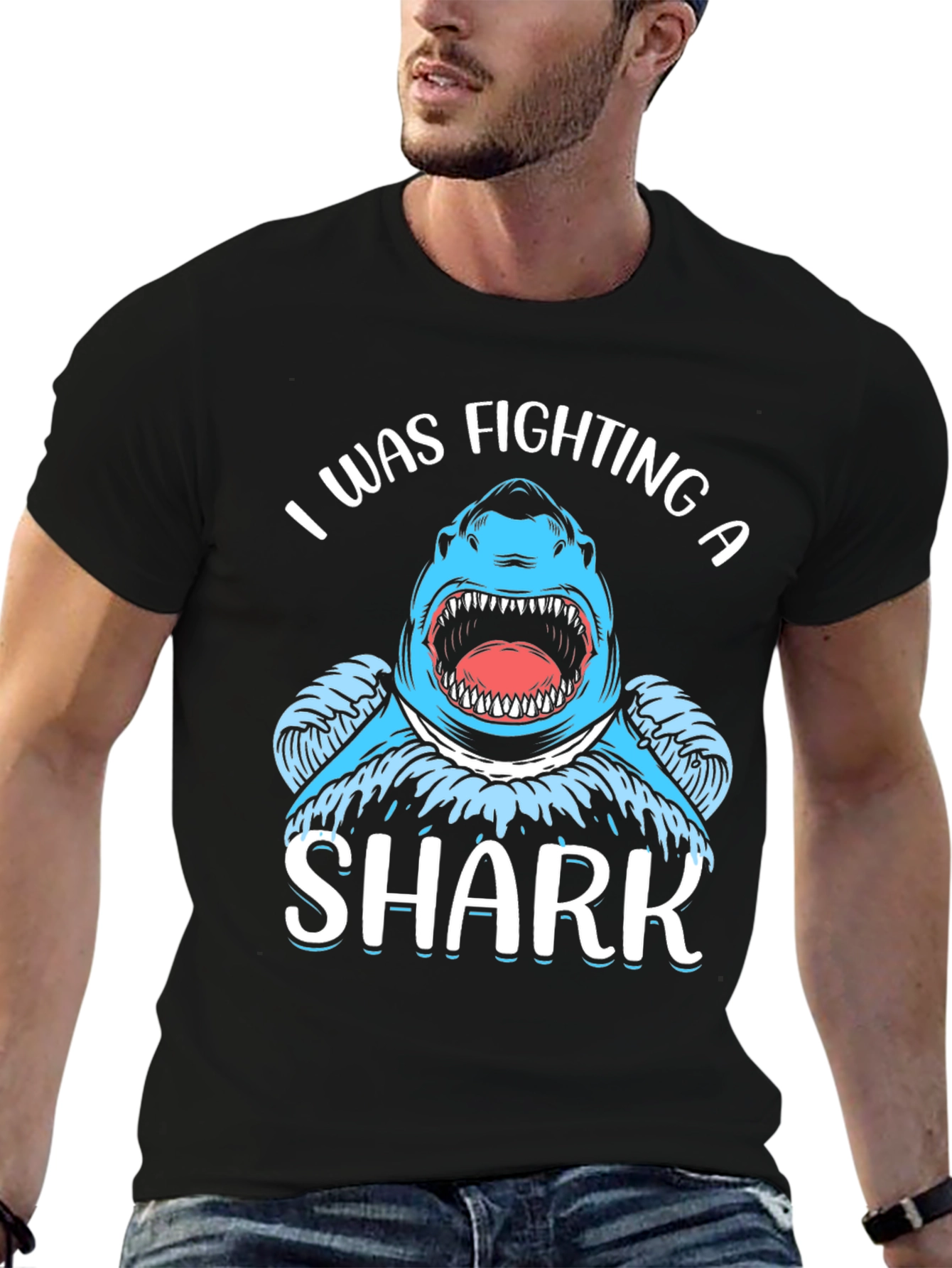 Black I Was Fighting a Shark Black T-Shirt view 6